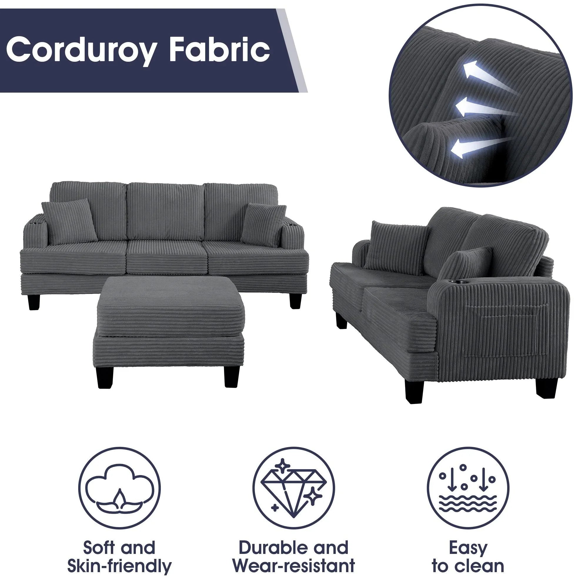 3-Piece Sofa Set with USB Ports Storage Ottoman and Pillows