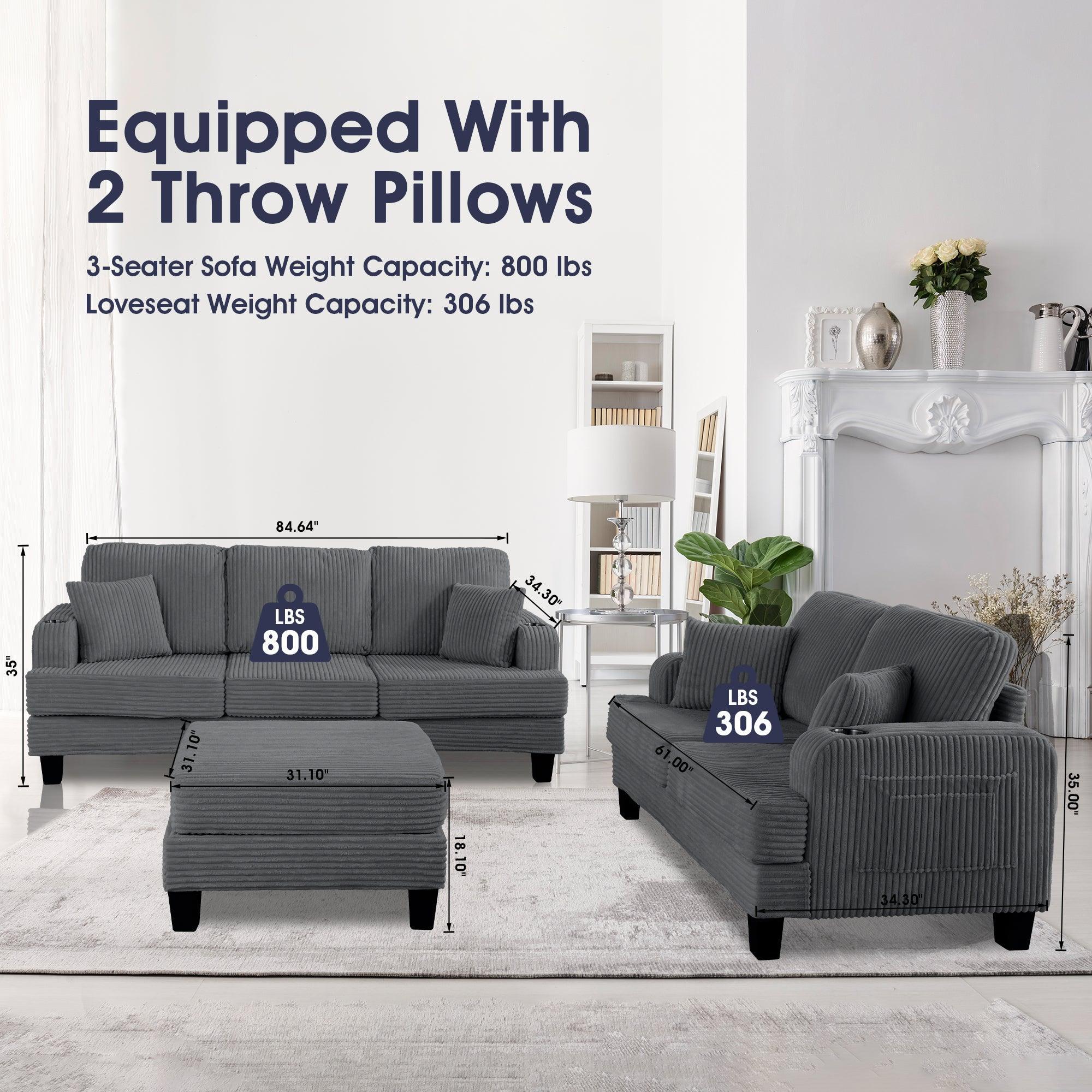 3-Piece Sofa Set with USB Ports Storage Ottoman and Pillows