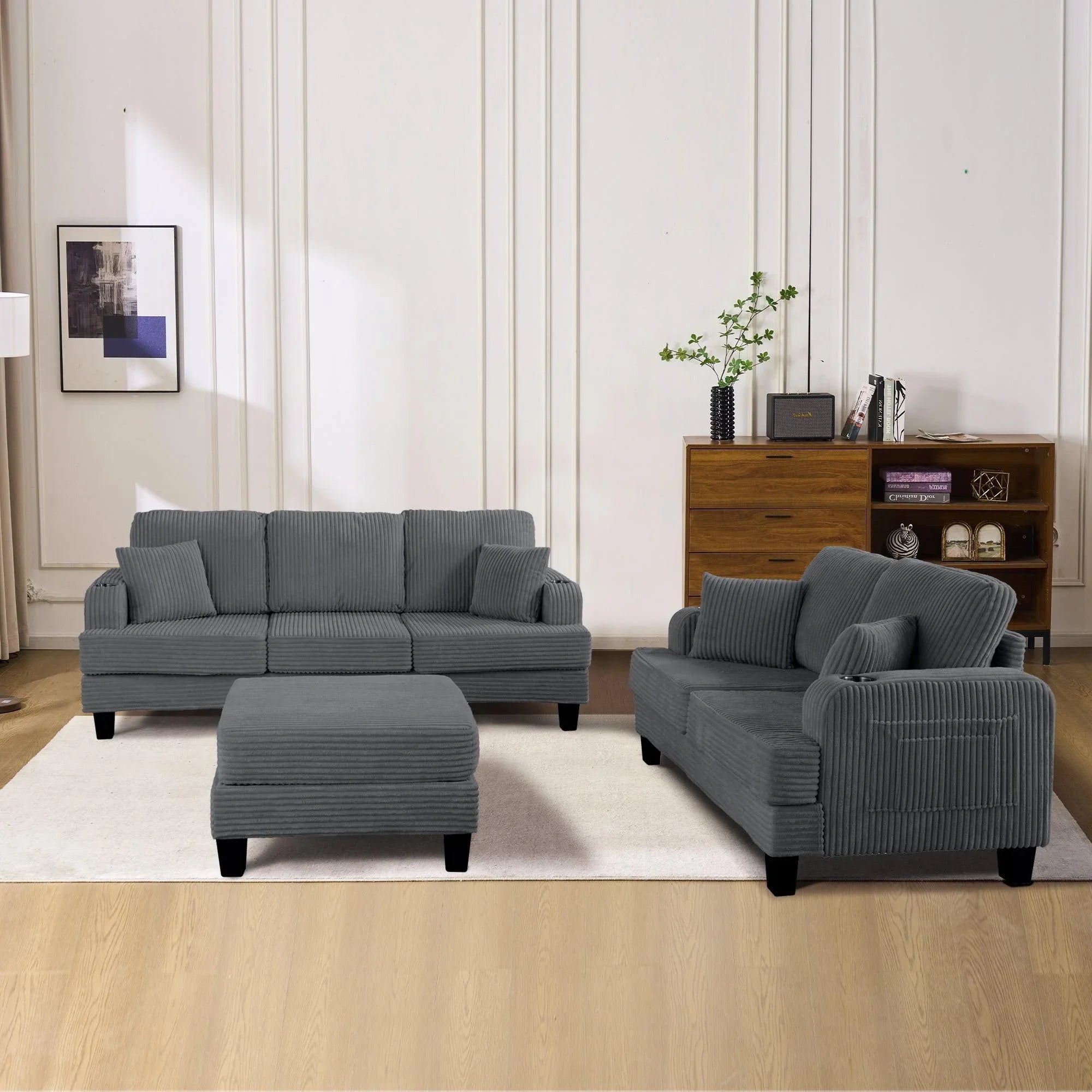 3-Piece Sofa Set with USB Ports Storage Ottoman and Pillows
