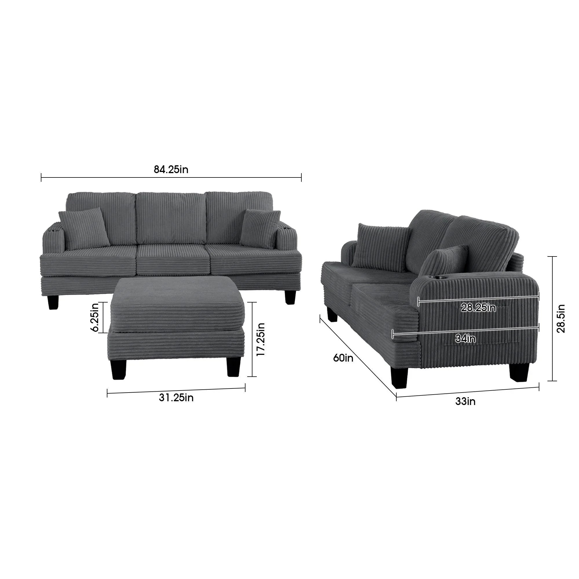 3-Piece Sofa Set with USB Ports Storage Ottoman and Pillows