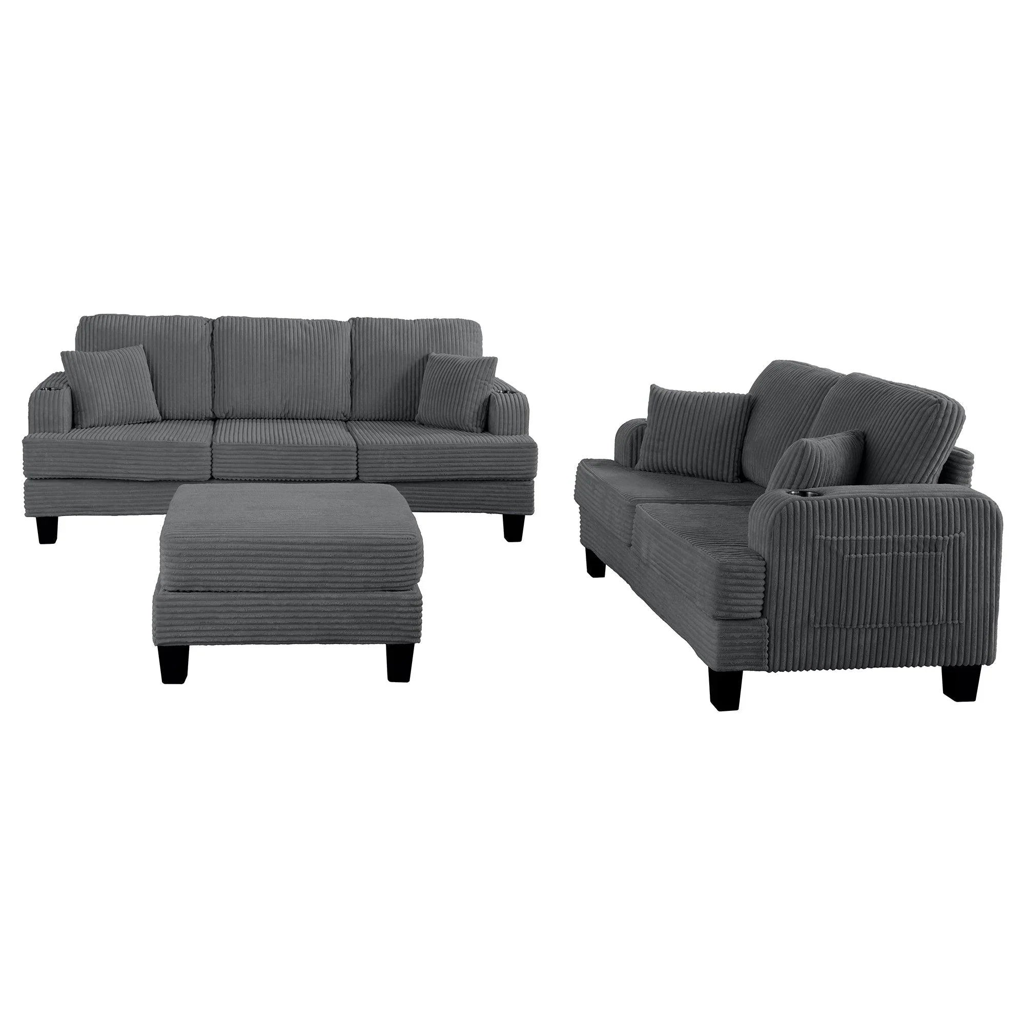 3-Piece Sofa Set with USB Ports Storage Ottoman and Pillows