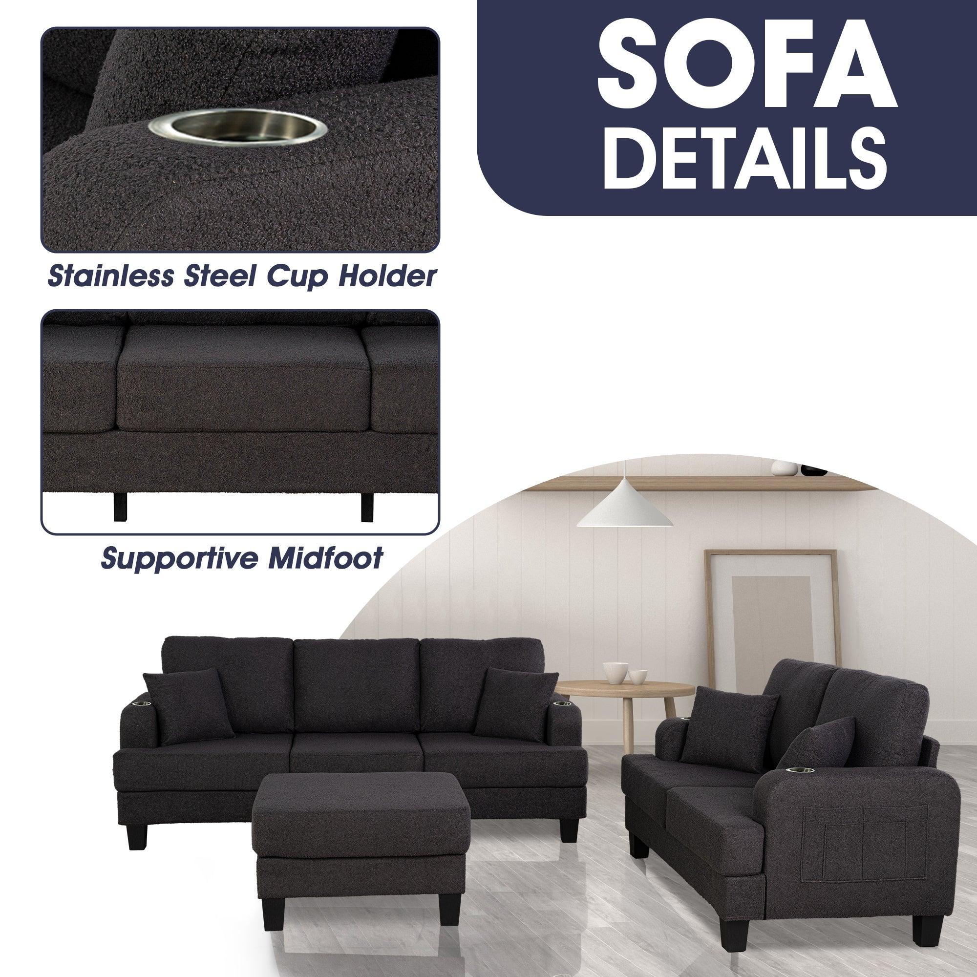 3-Piece Contemporary Sofa Set with USB Charging &amp; Storage Ottoman