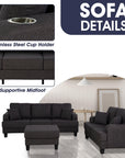 3-Piece Contemporary Sofa Set with USB Charging & Storage Ottoman