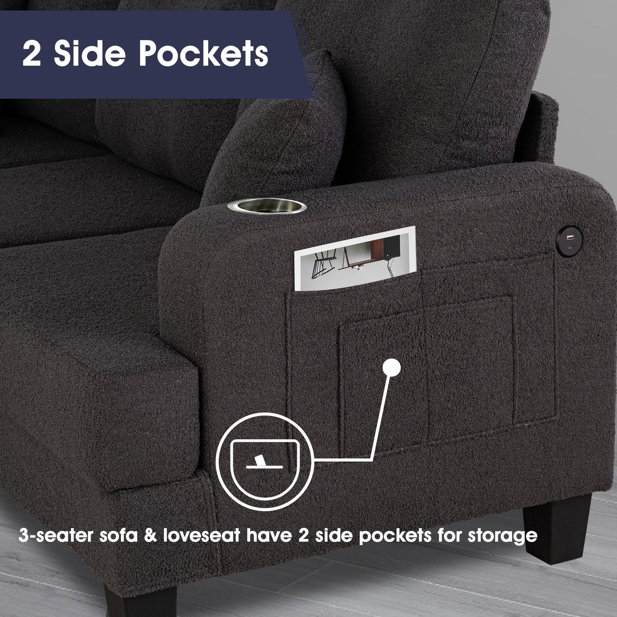 3-Piece Contemporary Sofa Set with USB Charging &amp; Storage Ottoman