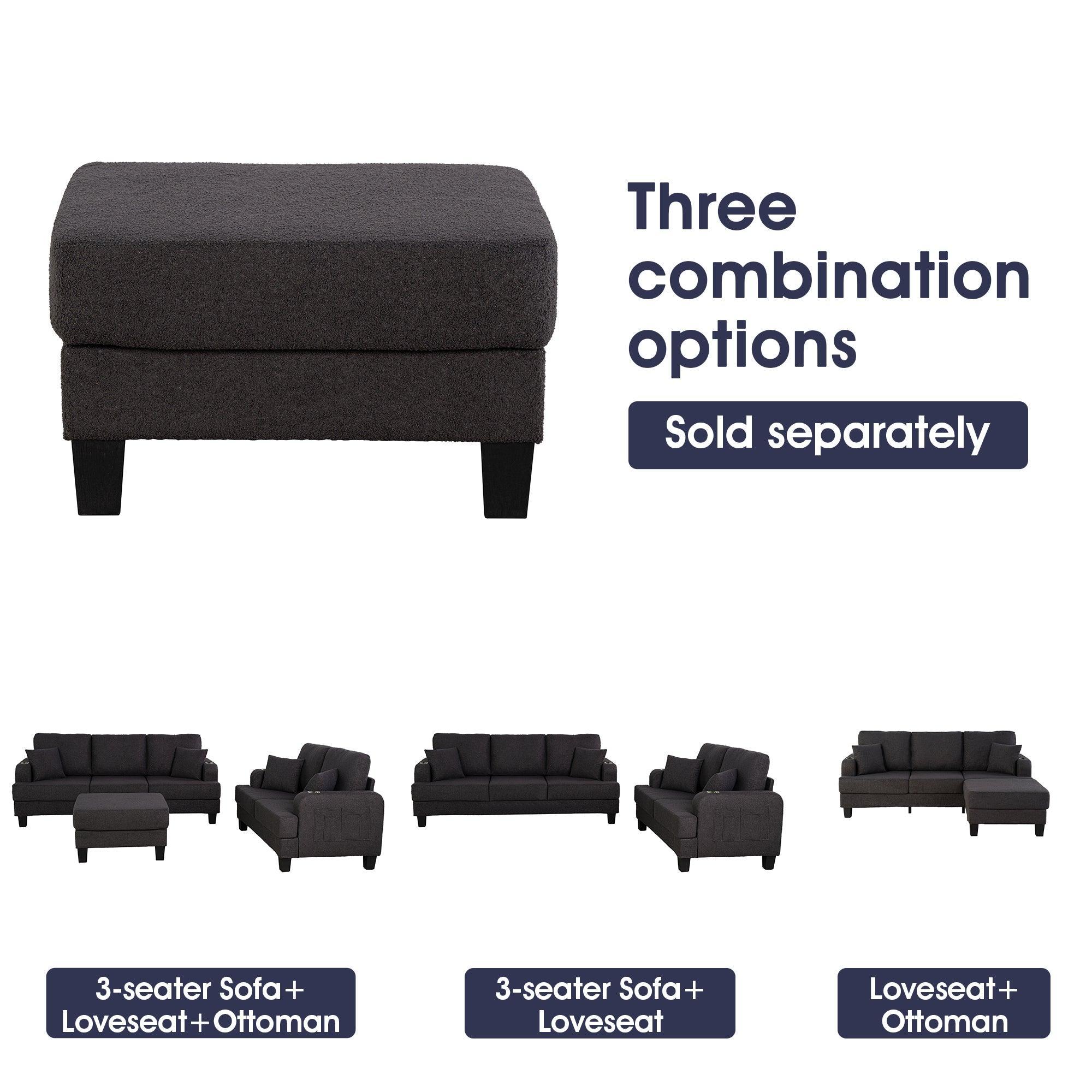 3-Piece Contemporary Sofa Set with USB Charging &amp; Storage Ottoman