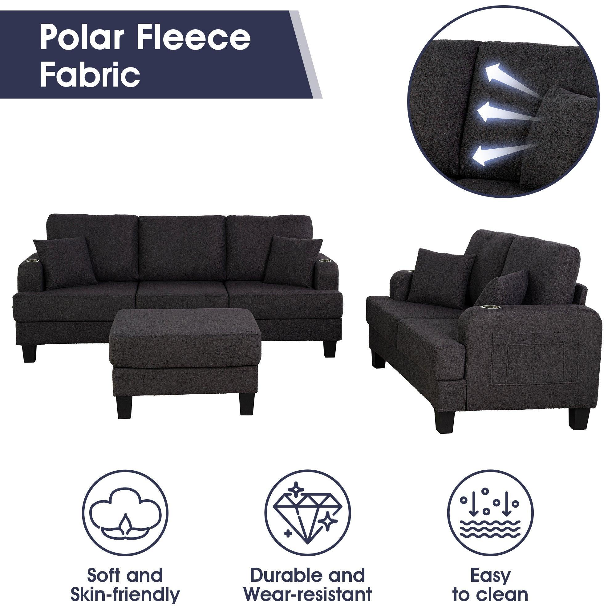 3-Piece Contemporary Sofa Set with USB Charging &amp; Storage Ottoman