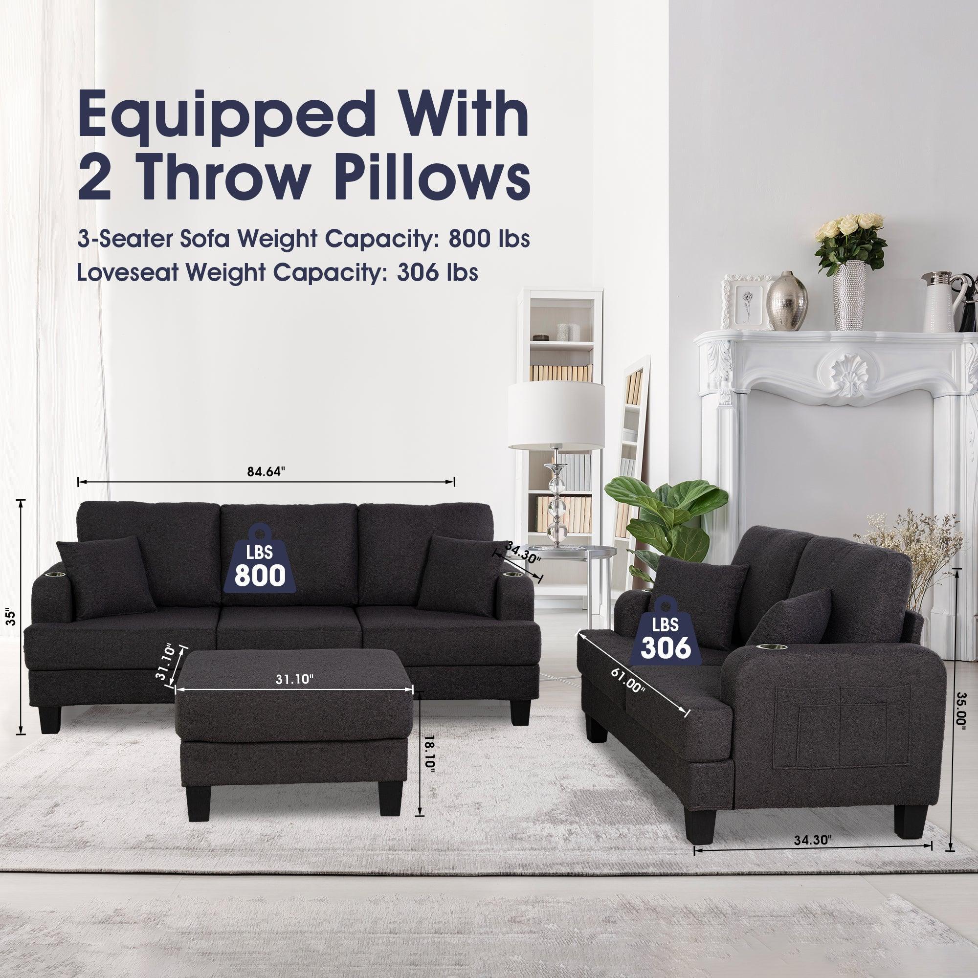 3-Piece Contemporary Sofa Set with USB Charging &amp; Storage Ottoman