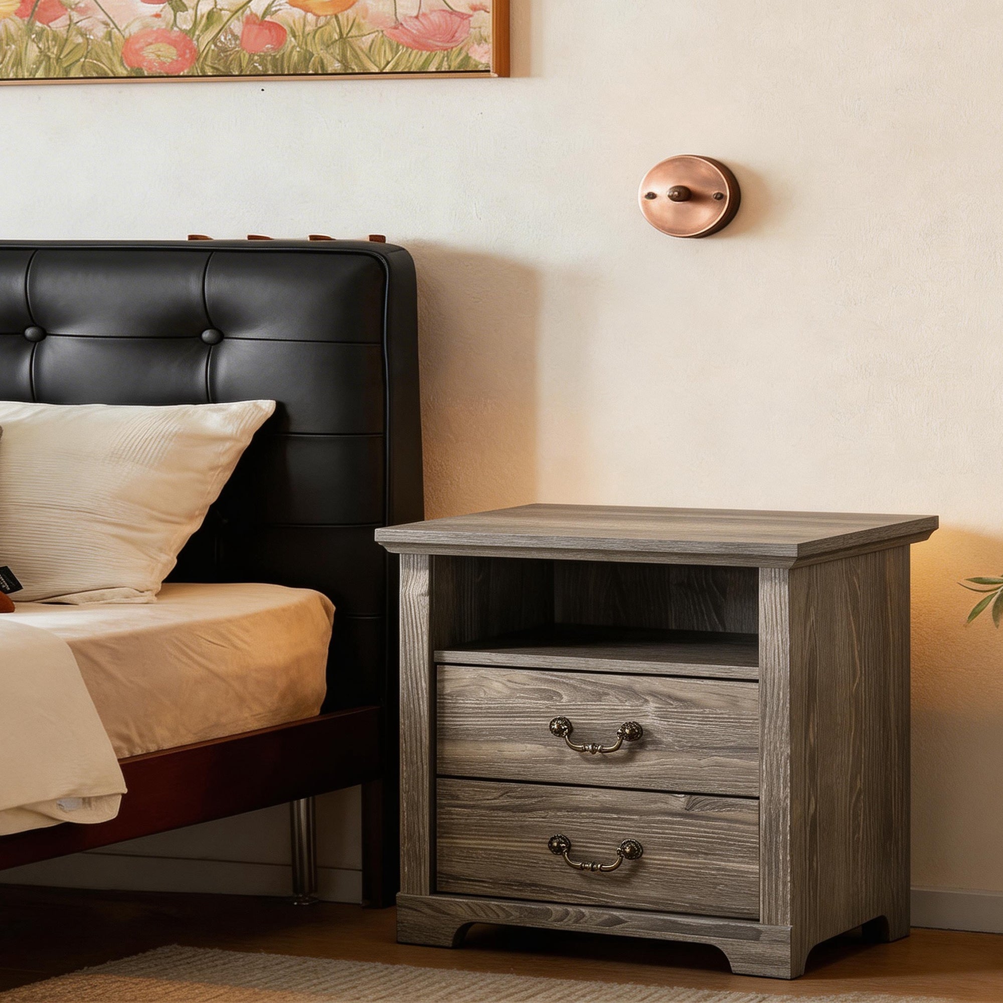 Rustic 22" Nightstand with 2 Drawers and Open Storage Shelf