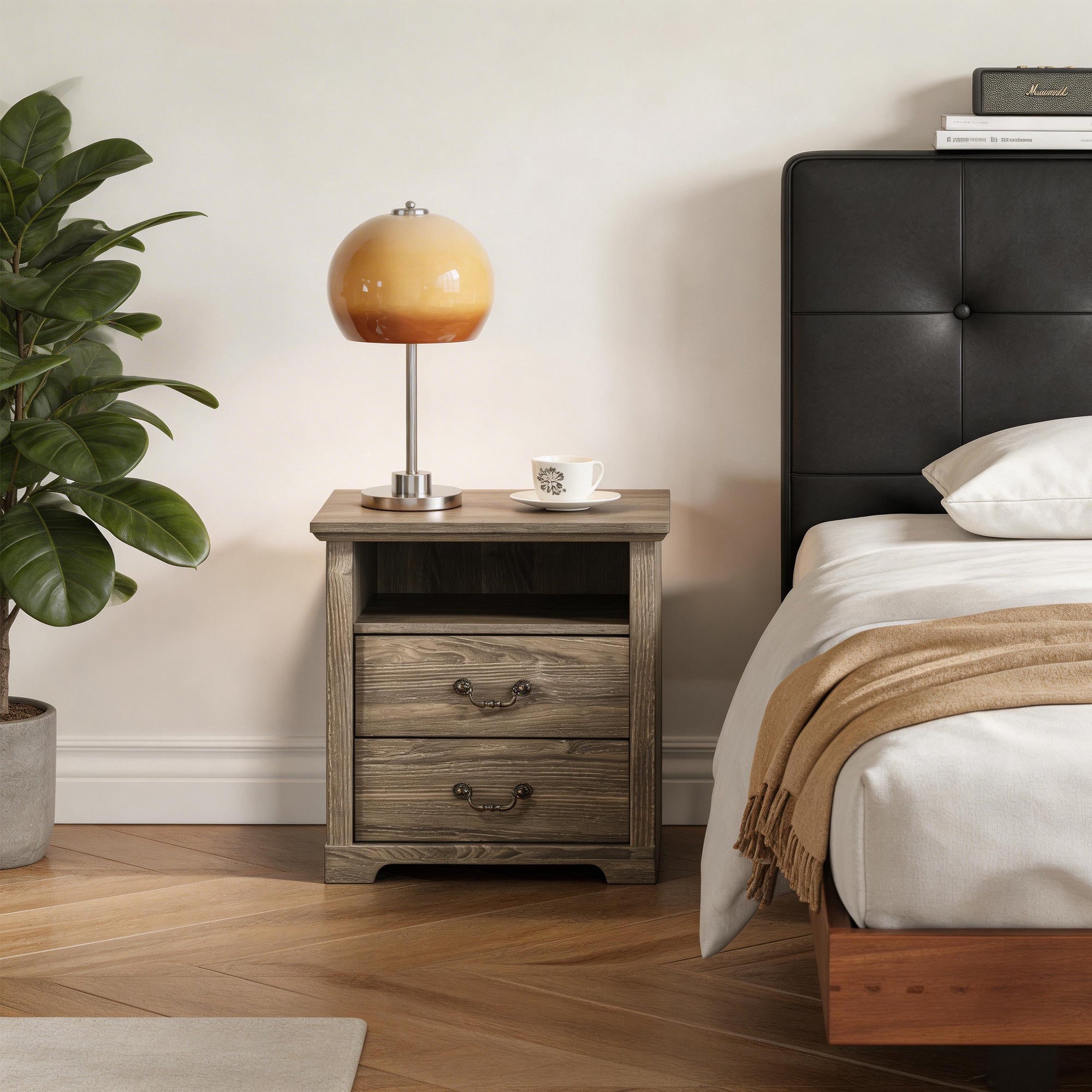 Rustic 22" Nightstand with 2 Drawers and Open Storage Shelf