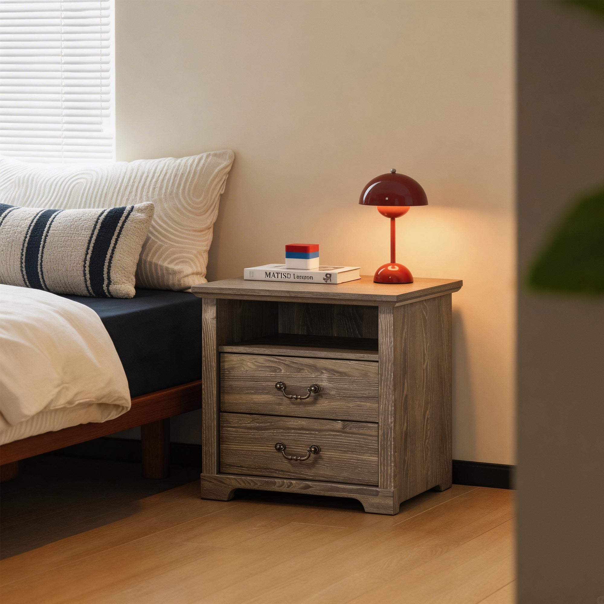 Rustic 22" Nightstand with 2 Drawers and Open Storage Shelf