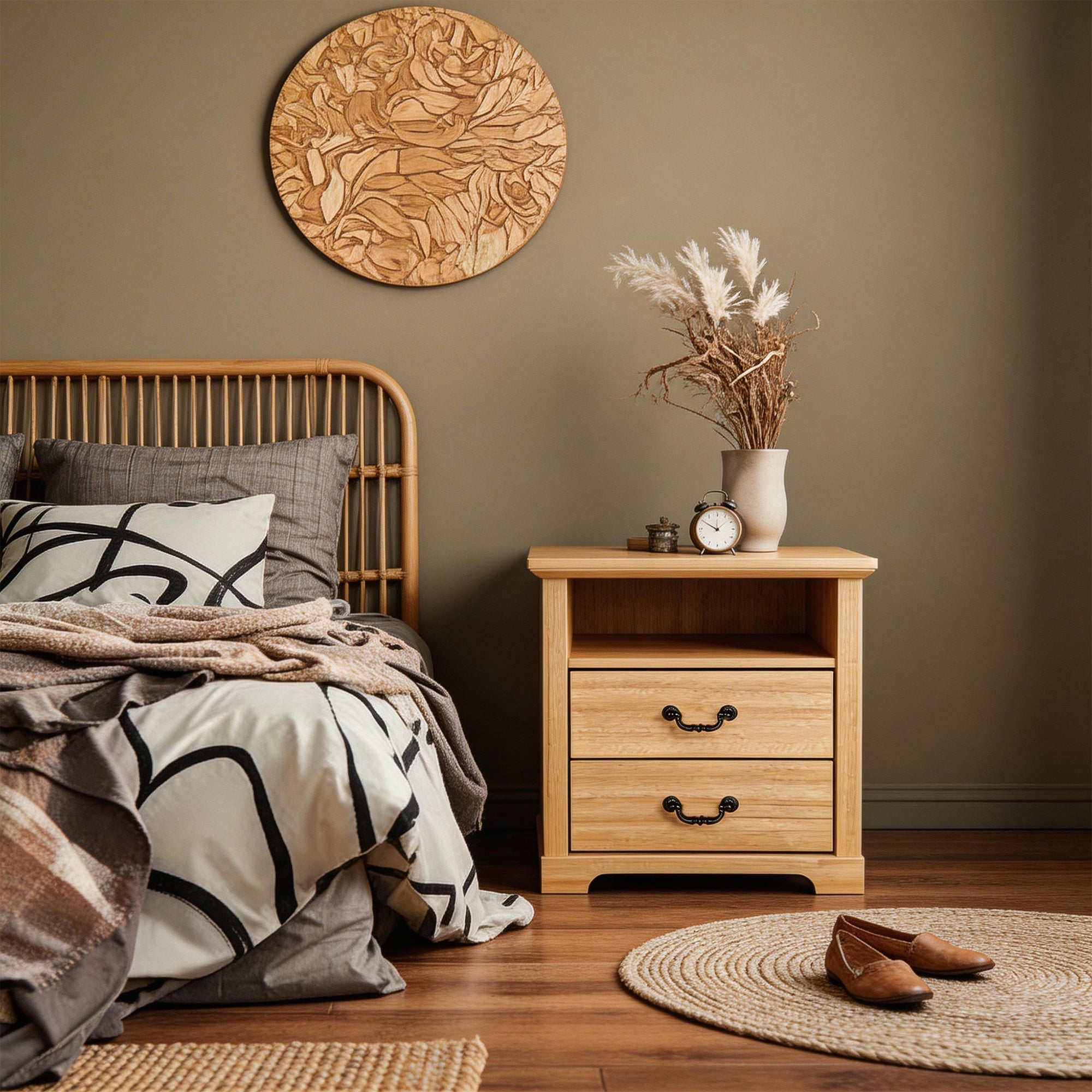 Rustic 22" Nightstand with 2 Drawers and Open Storage Shelf