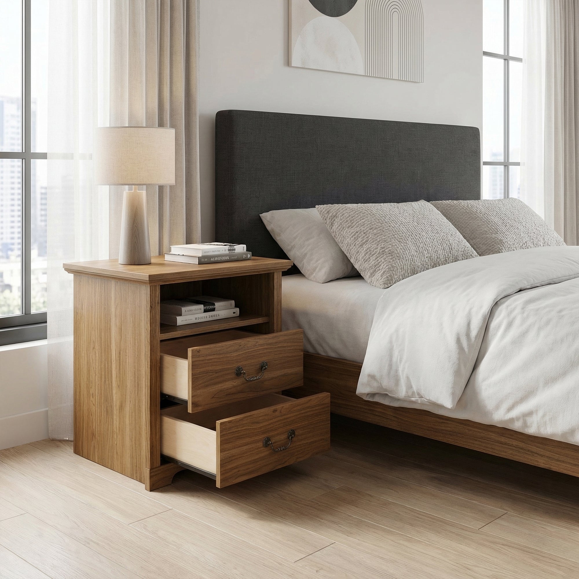 Rustic 22" Nightstand with 2 Drawers and Open Storage Shelf