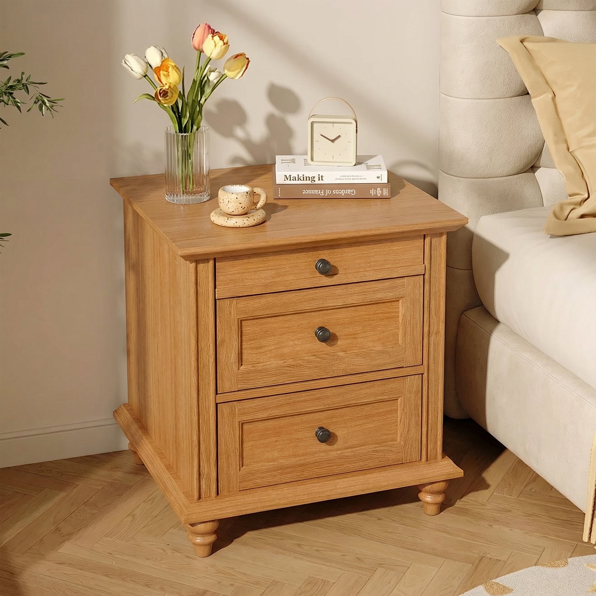 24" Transitional 3-Drawer Nightstand with Solid Wood Legs