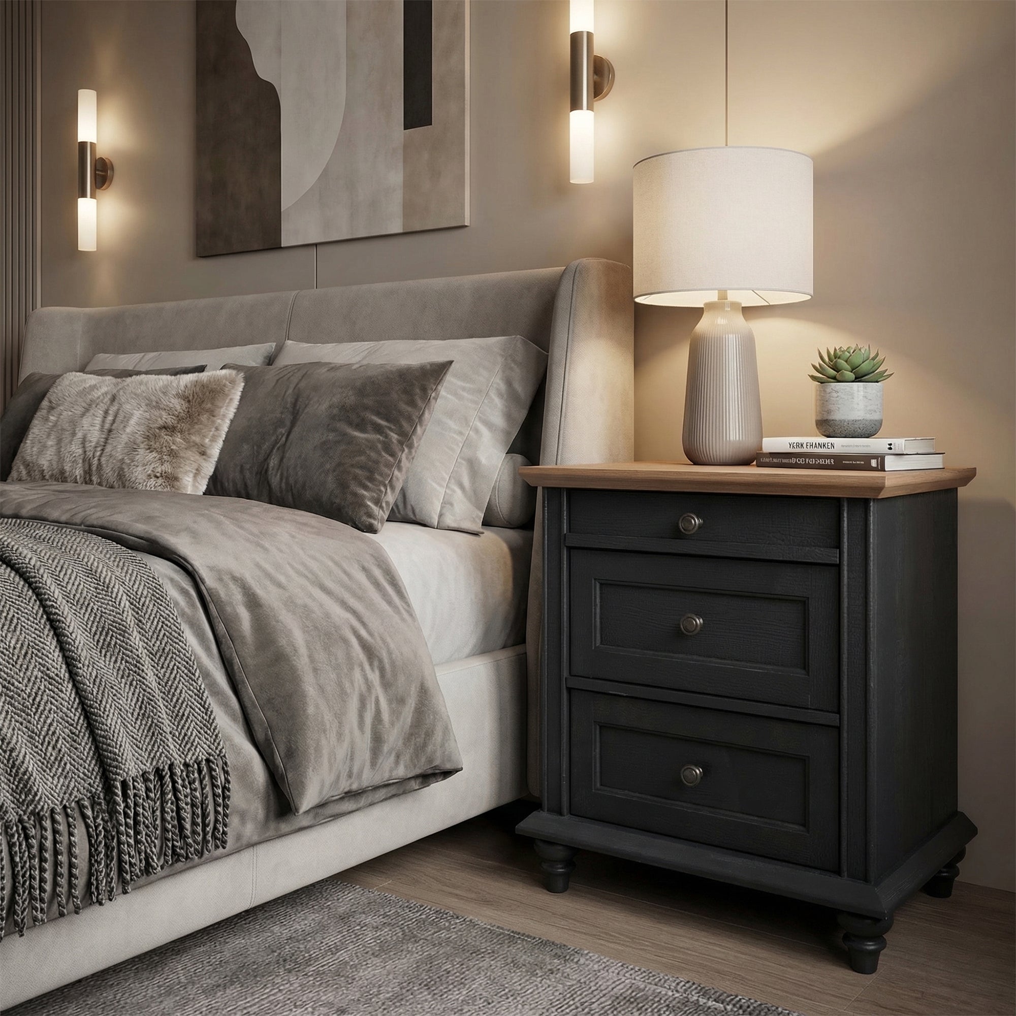 24" Transitional 3-Drawer Nightstand with Solid Wood Legs
