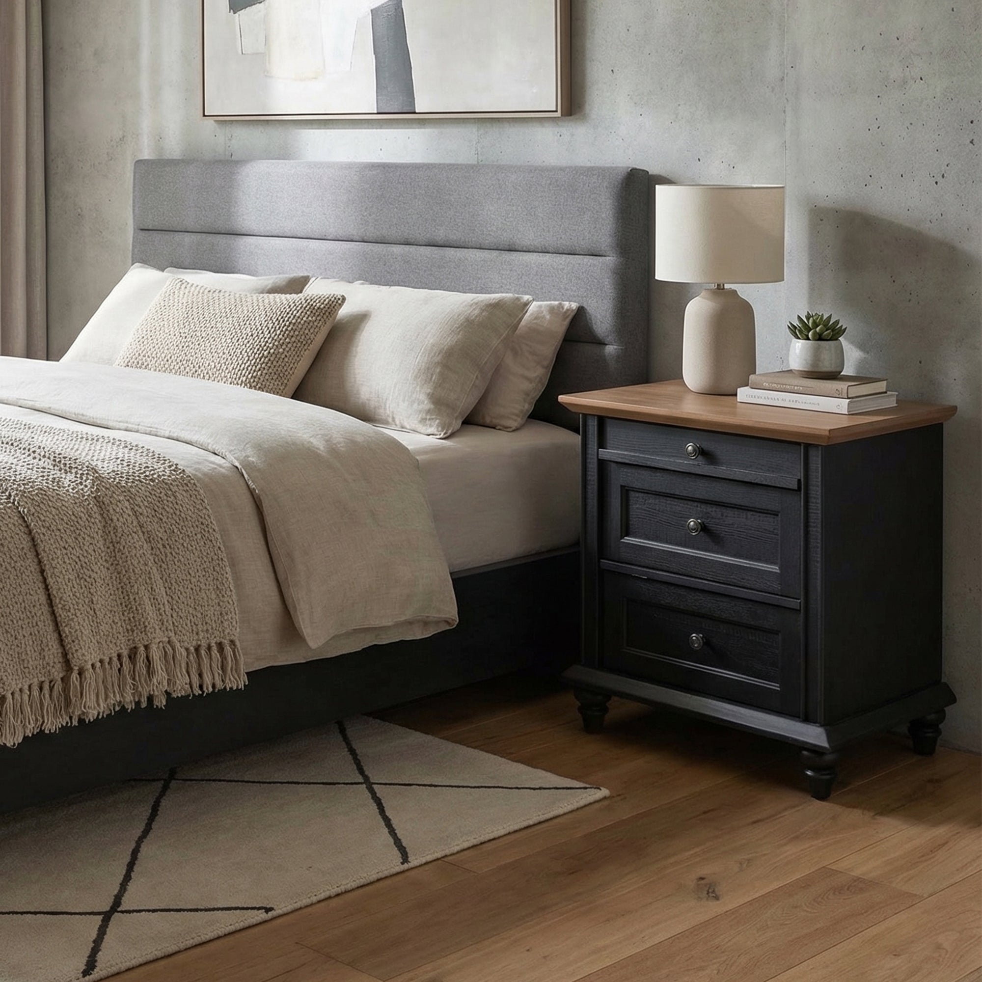 24" Transitional 3-Drawer Nightstand with Solid Wood Legs