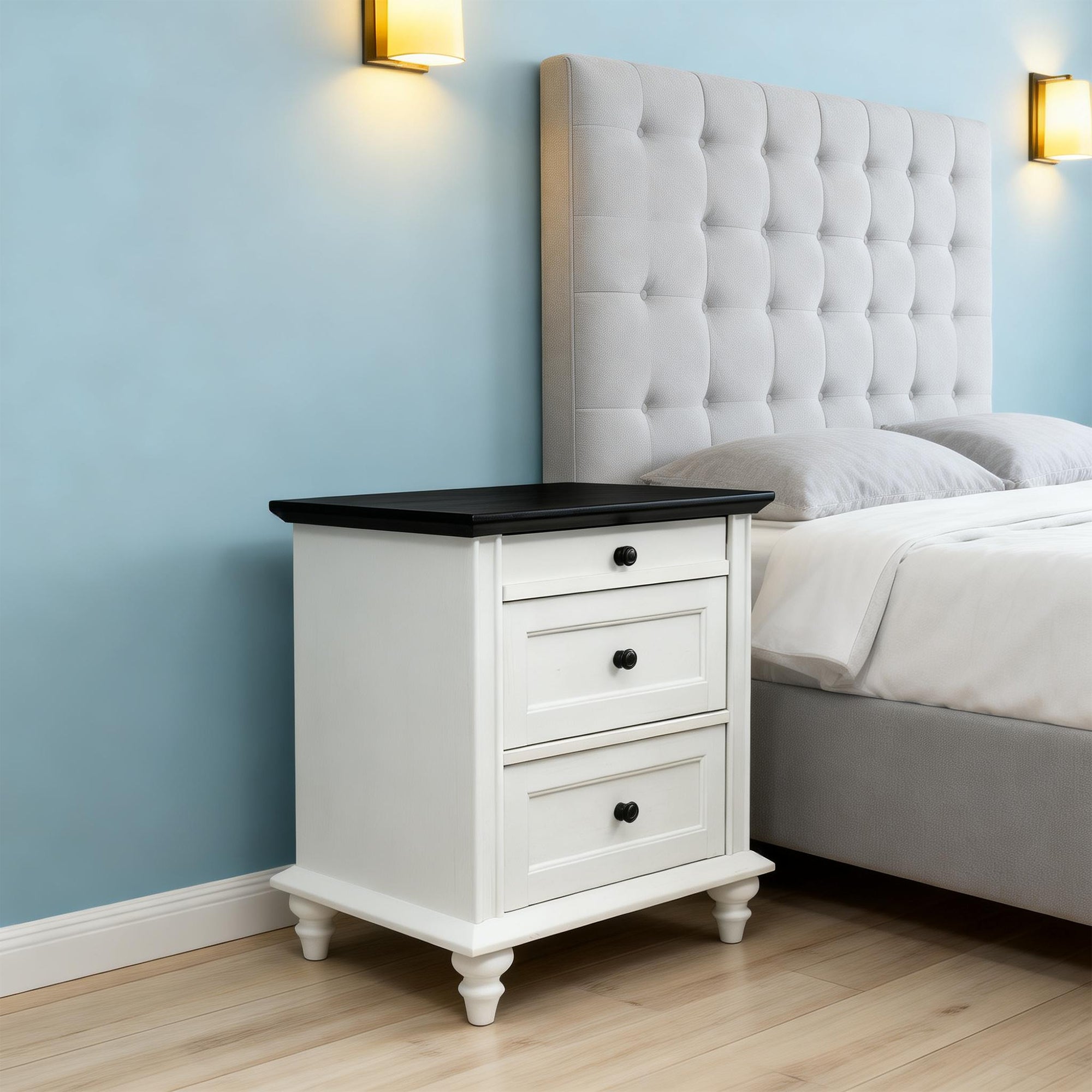 24" Transitional 3-Drawer Nightstand with Solid Wood Legs