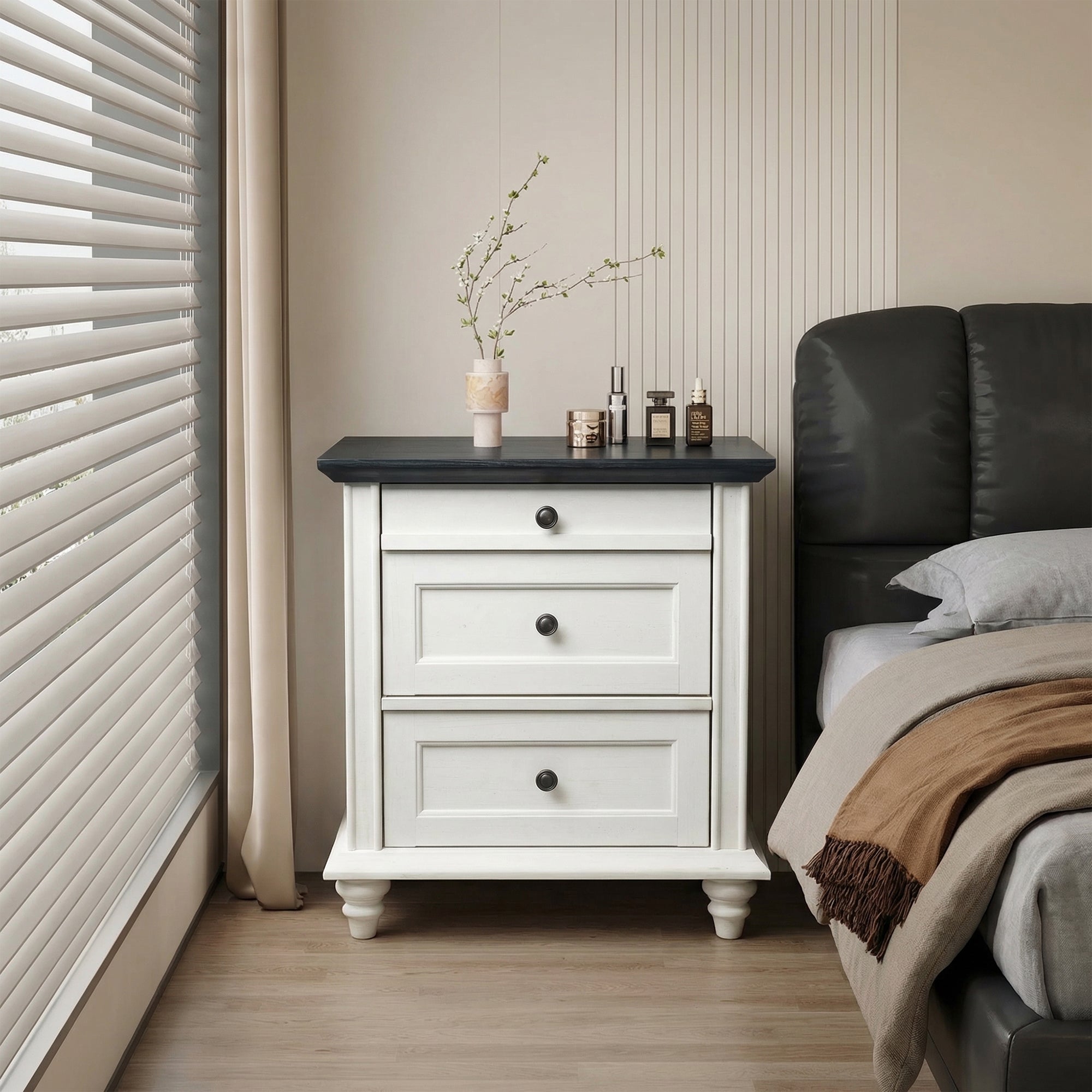 24" Transitional 3-Drawer Nightstand with Solid Wood Legs