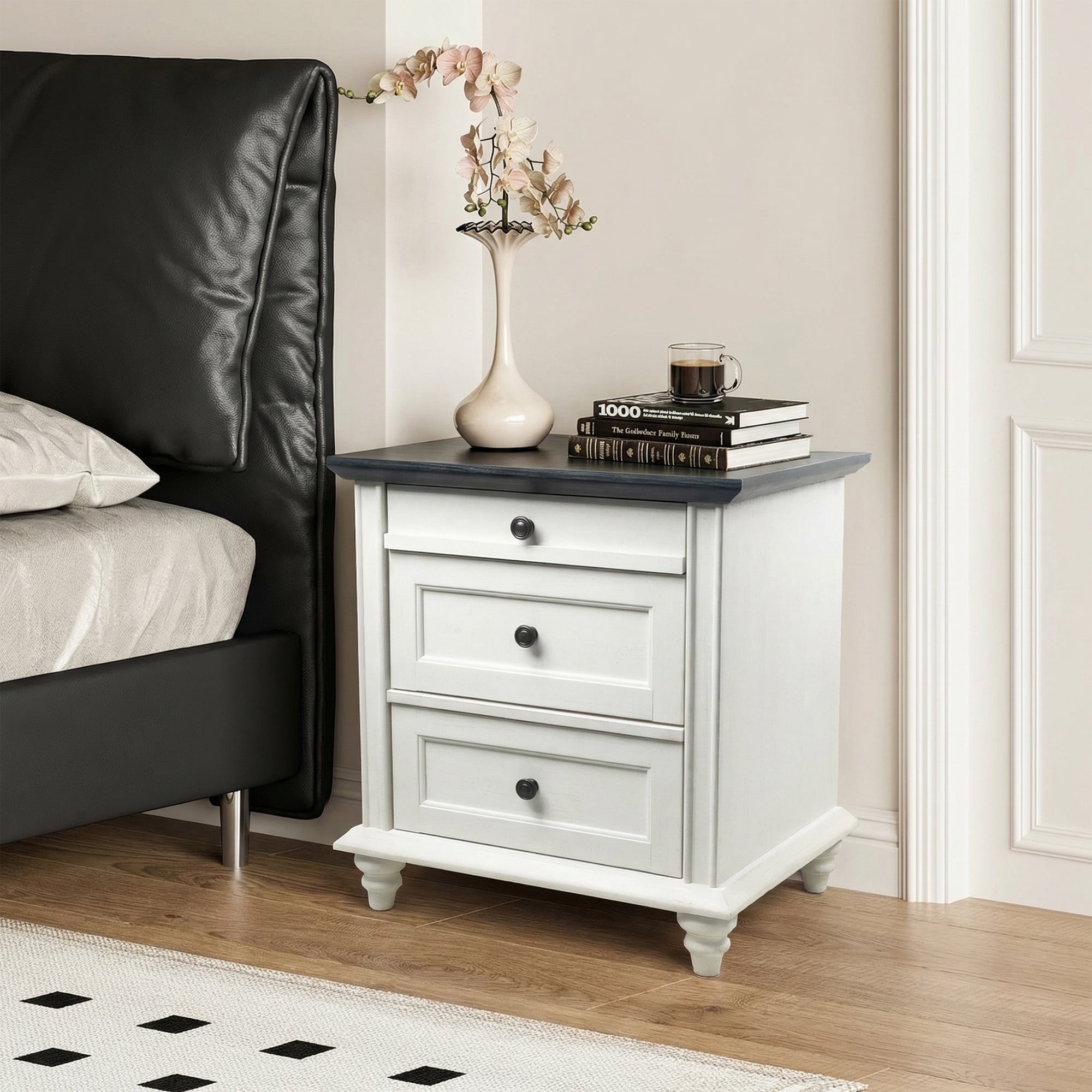 24" Transitional 3-Drawer Nightstand with Solid Wood Legs