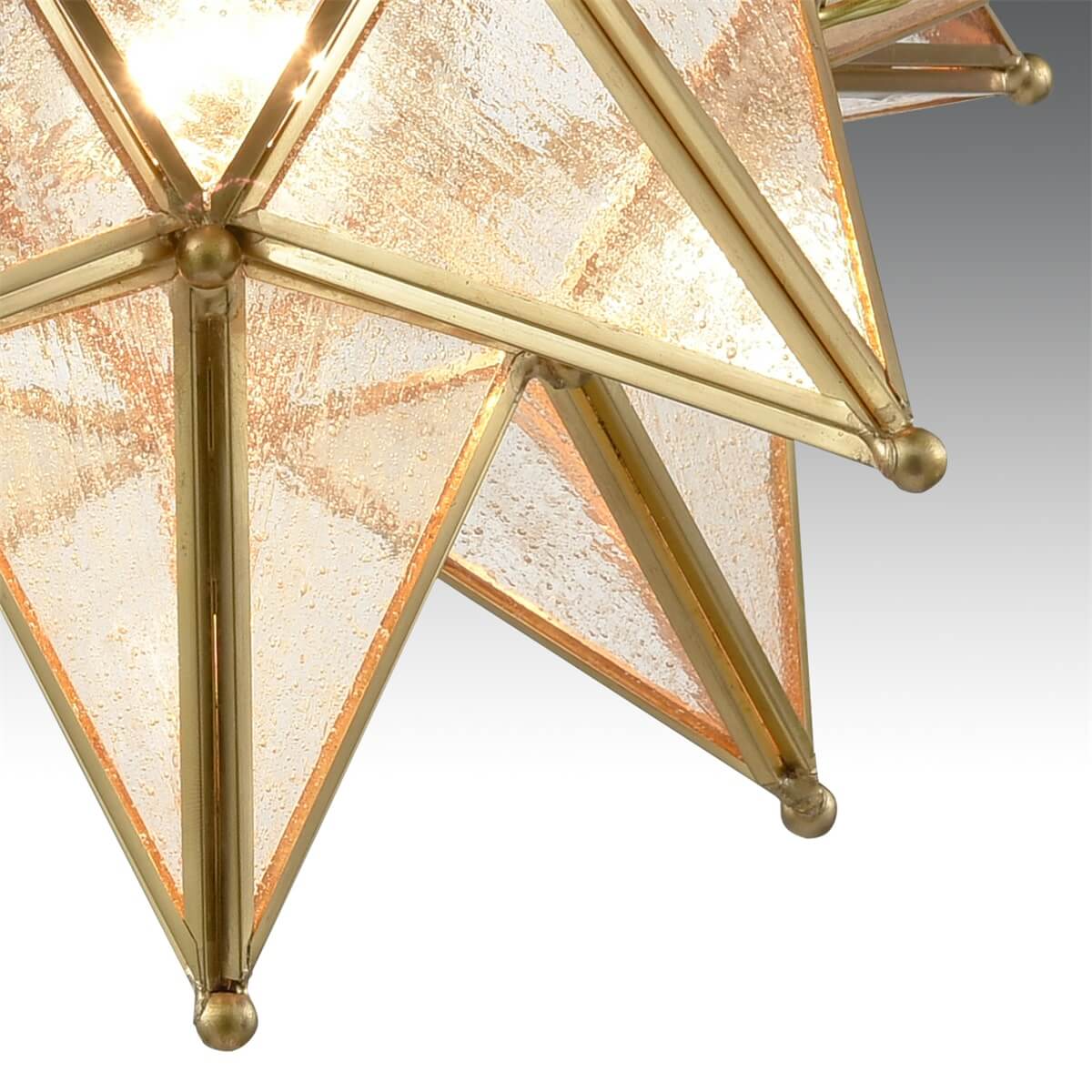 Brass Moravian Star Flush Mount Ceiling Light with Seeded Glass