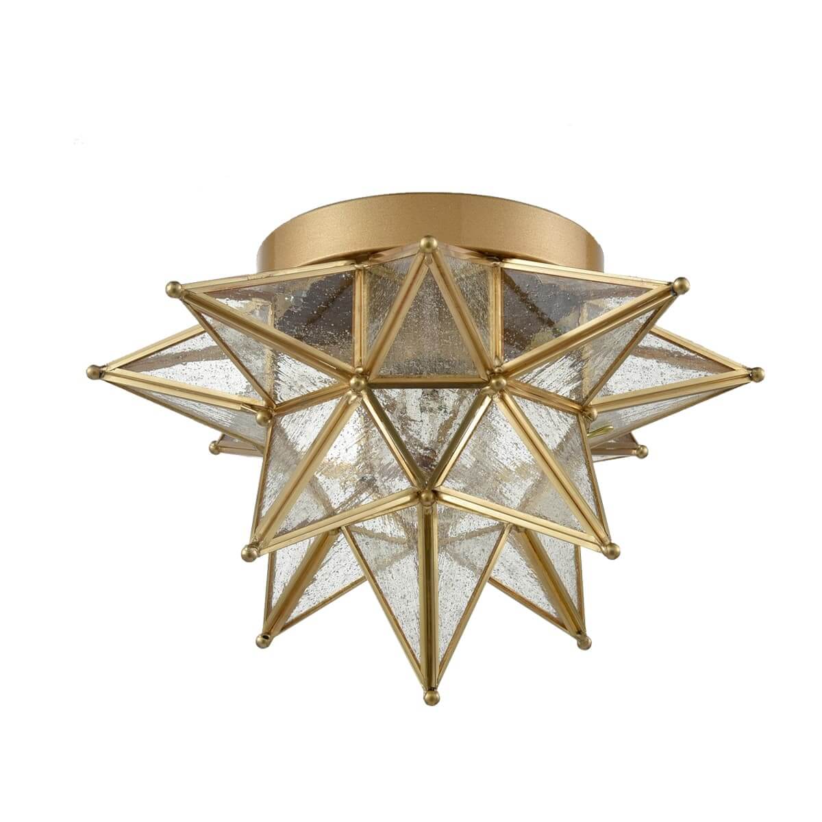 Brass Moravian Star Flush Mount Ceiling Light with Seeded Glass