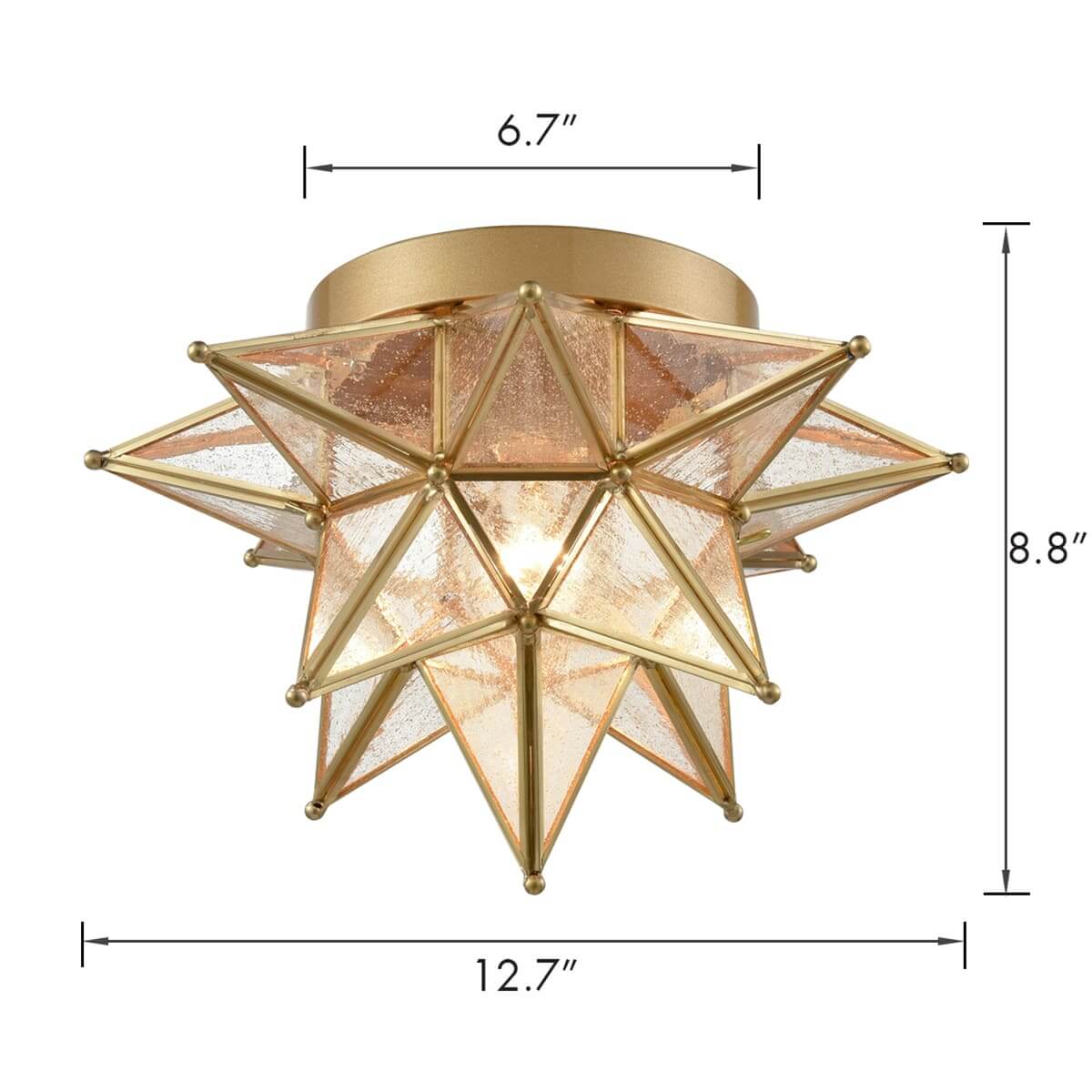 Brass Moravian Star Flush Mount Ceiling Light with Seeded Glass