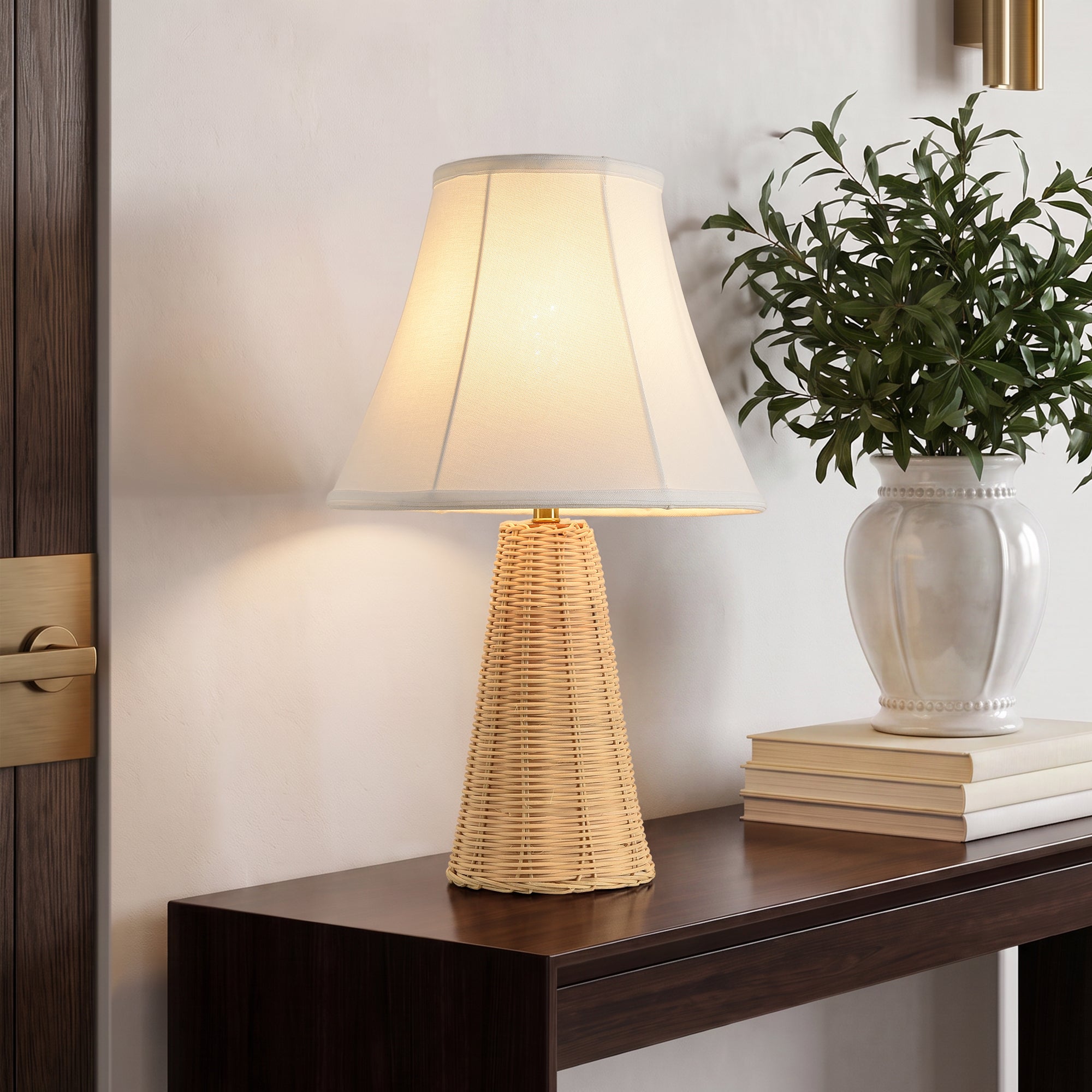 Natural Rattan Table Lamp Set of 2 with Fabric Shade