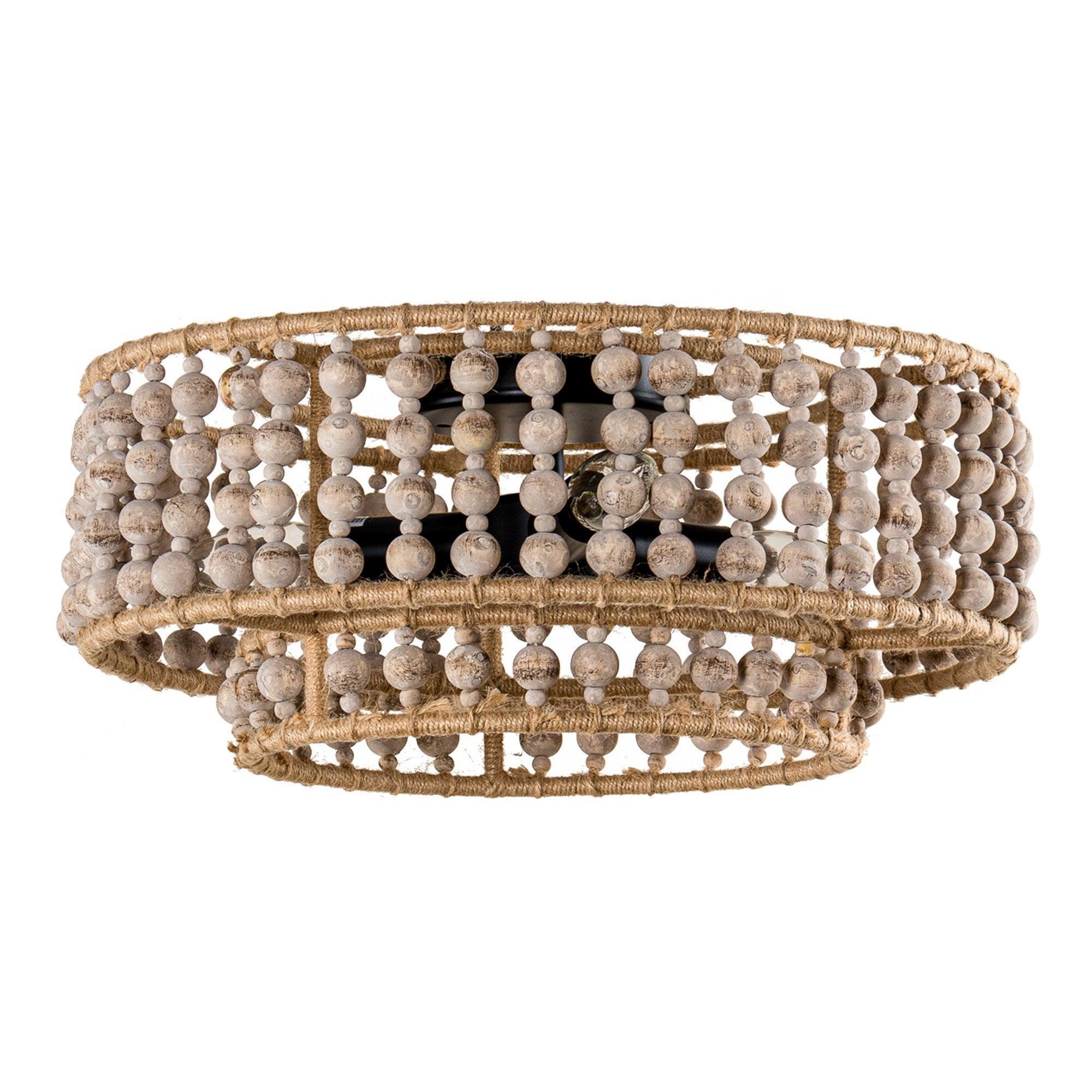 Farmhouse Wood Beaded 3-Light Flush Mount Ceiling Light