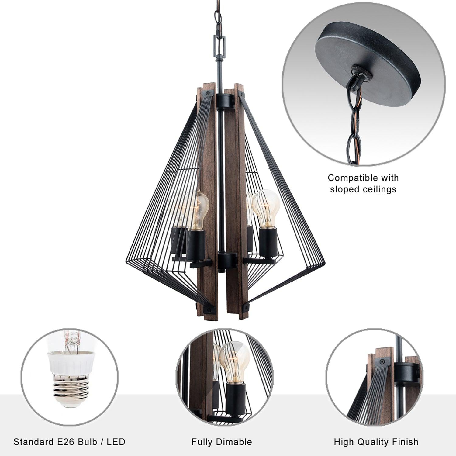 Zenith Black and Wood 4-Light Dimmable Pendant Light