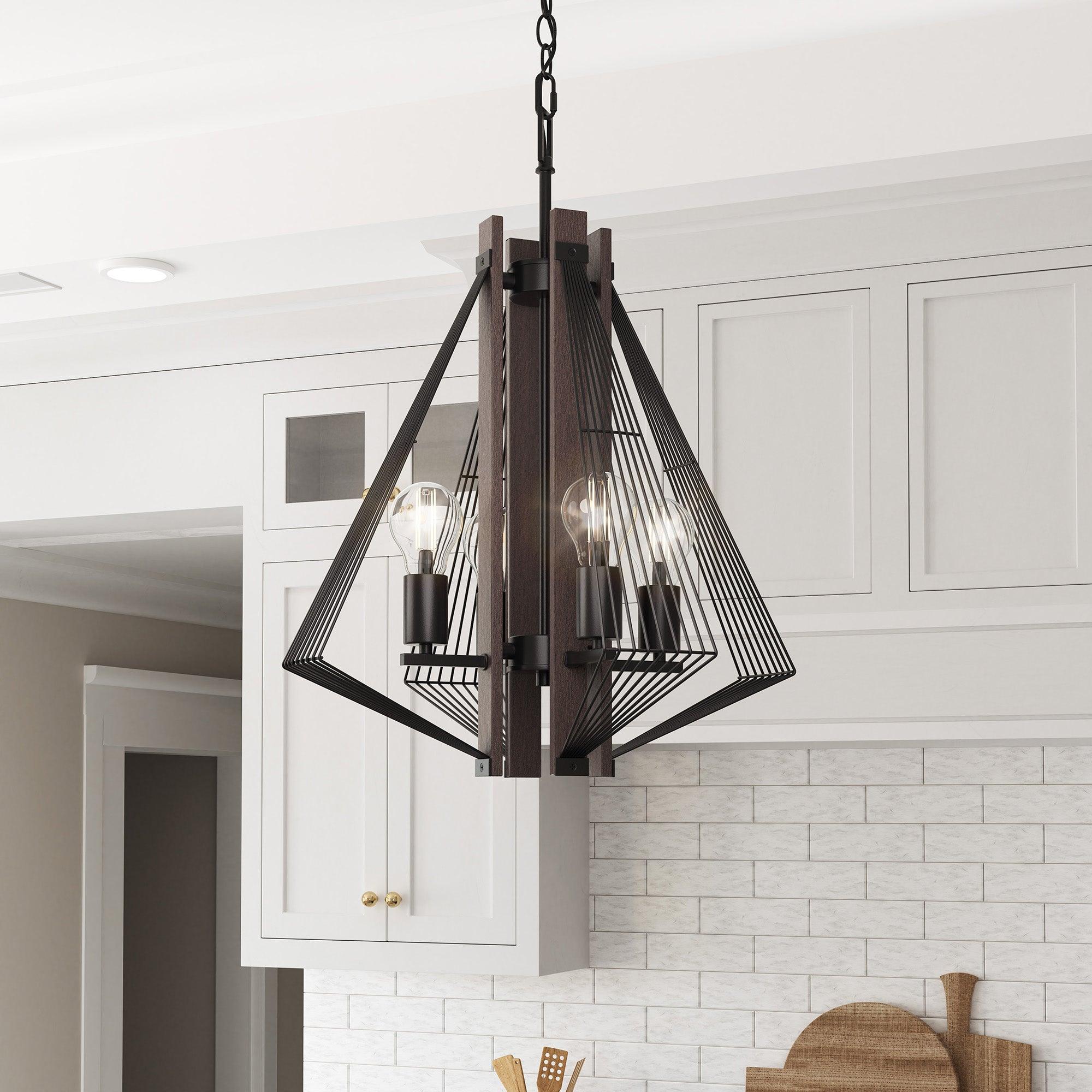 Zenith Black and Wood 4-Light Dimmable Pendant Light