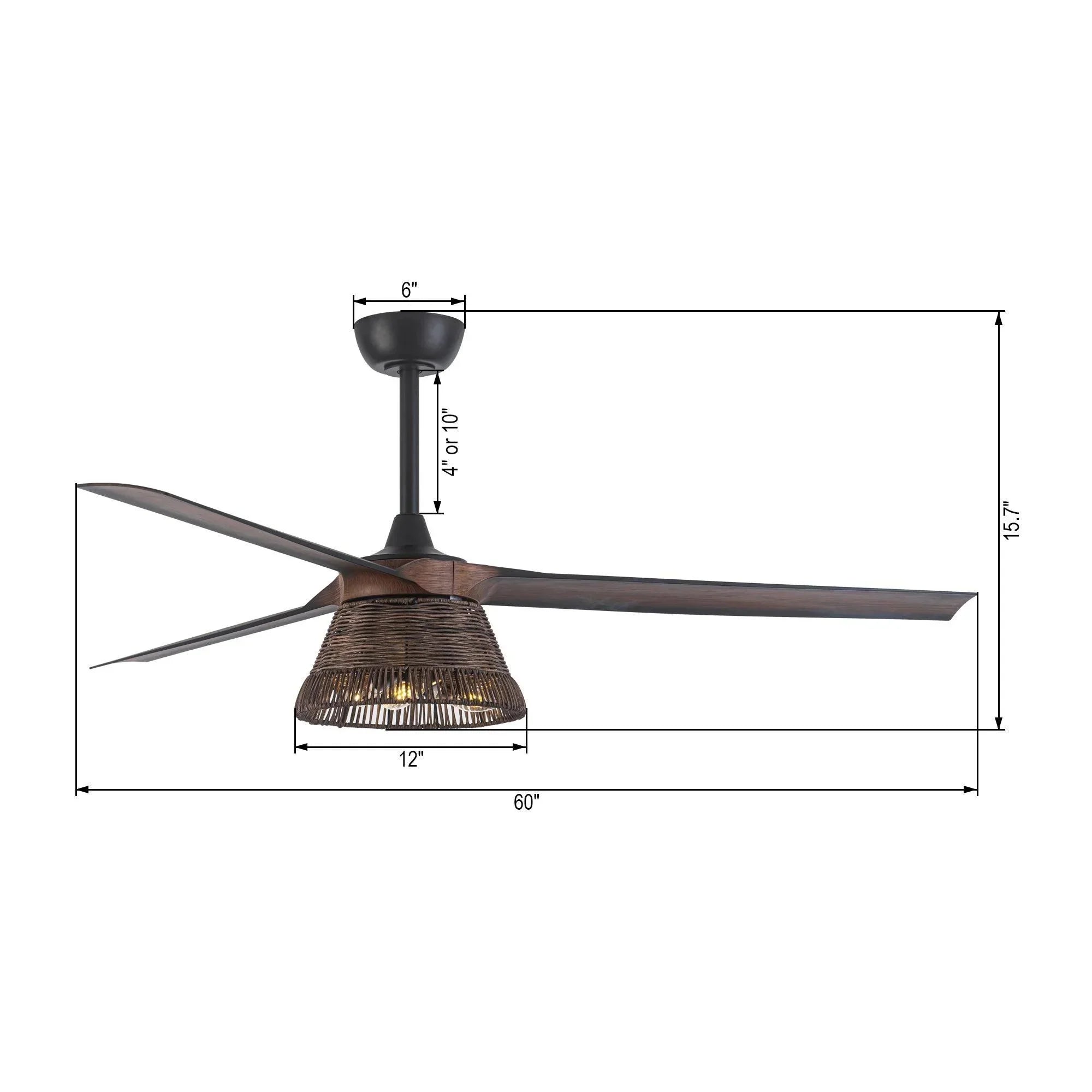 60" Farmhouse Rattan Downrod Mount Ceiling Fan - IPLUS Lighting