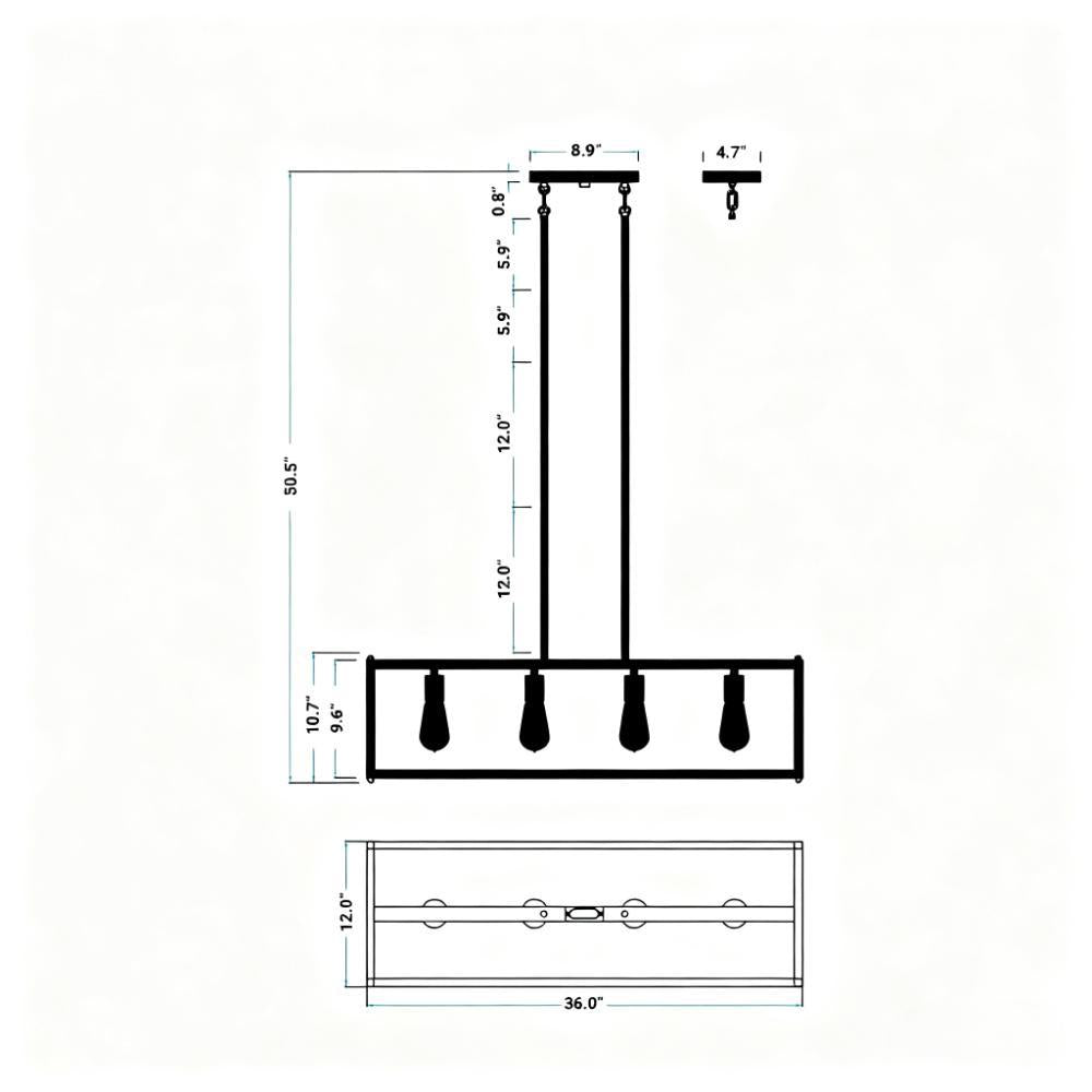 4 Light Modern Matte Black Linear Chandelier Rectangle Open Frame Ceiling Light