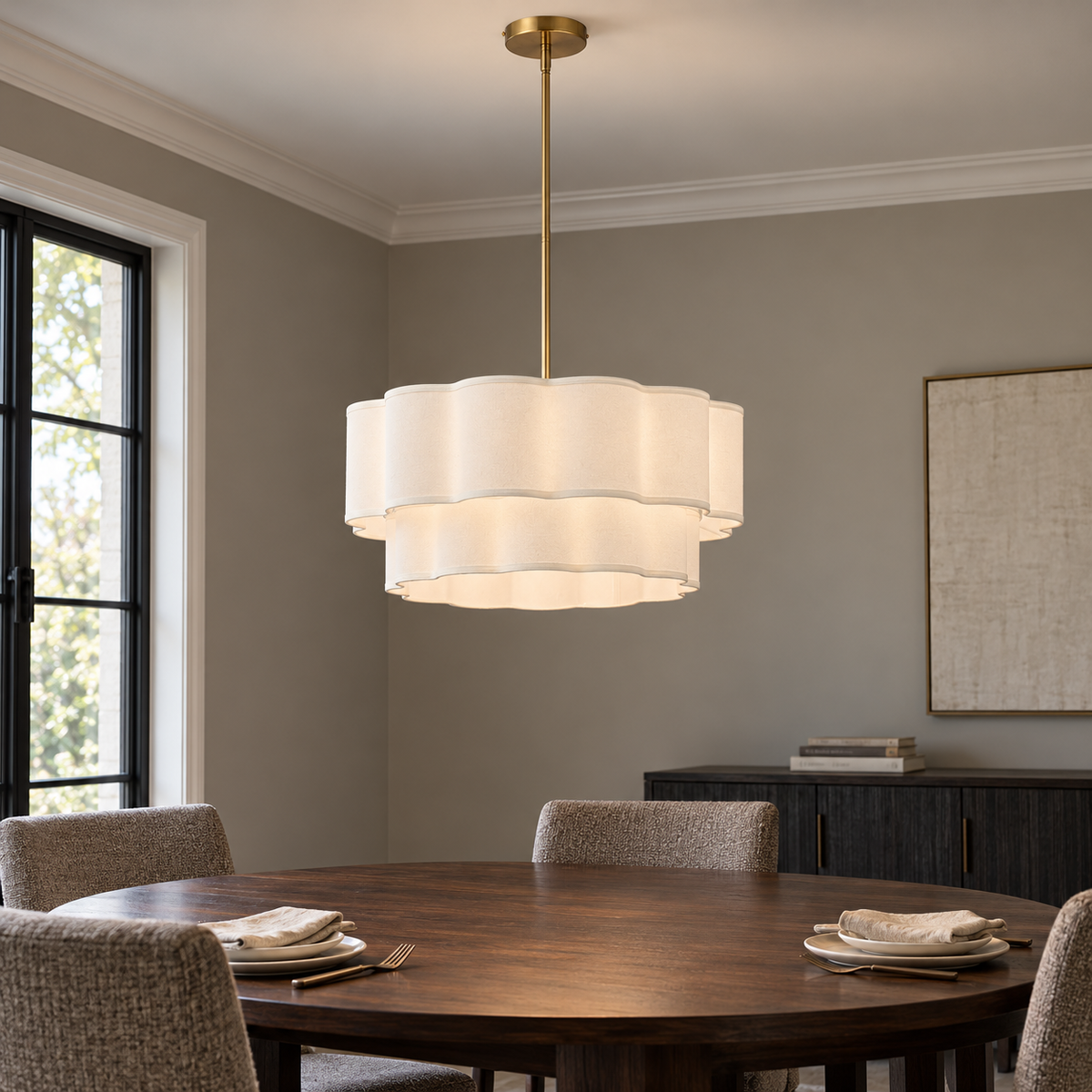 Maren 6-Light Adjustable-Angle Brushed Brass Chandelier with Tiered Linen Shades