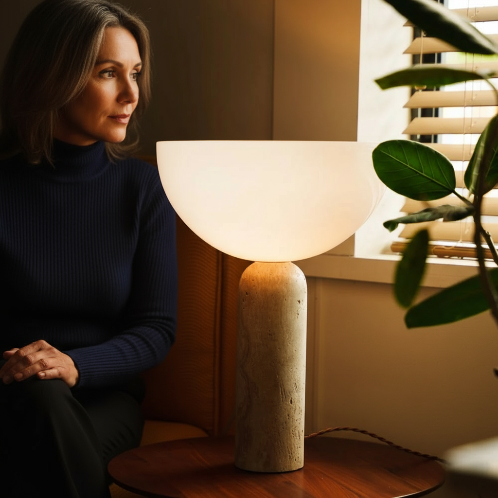 Uria Modern Minimalist Elegance Travertine Glass Table Lamp