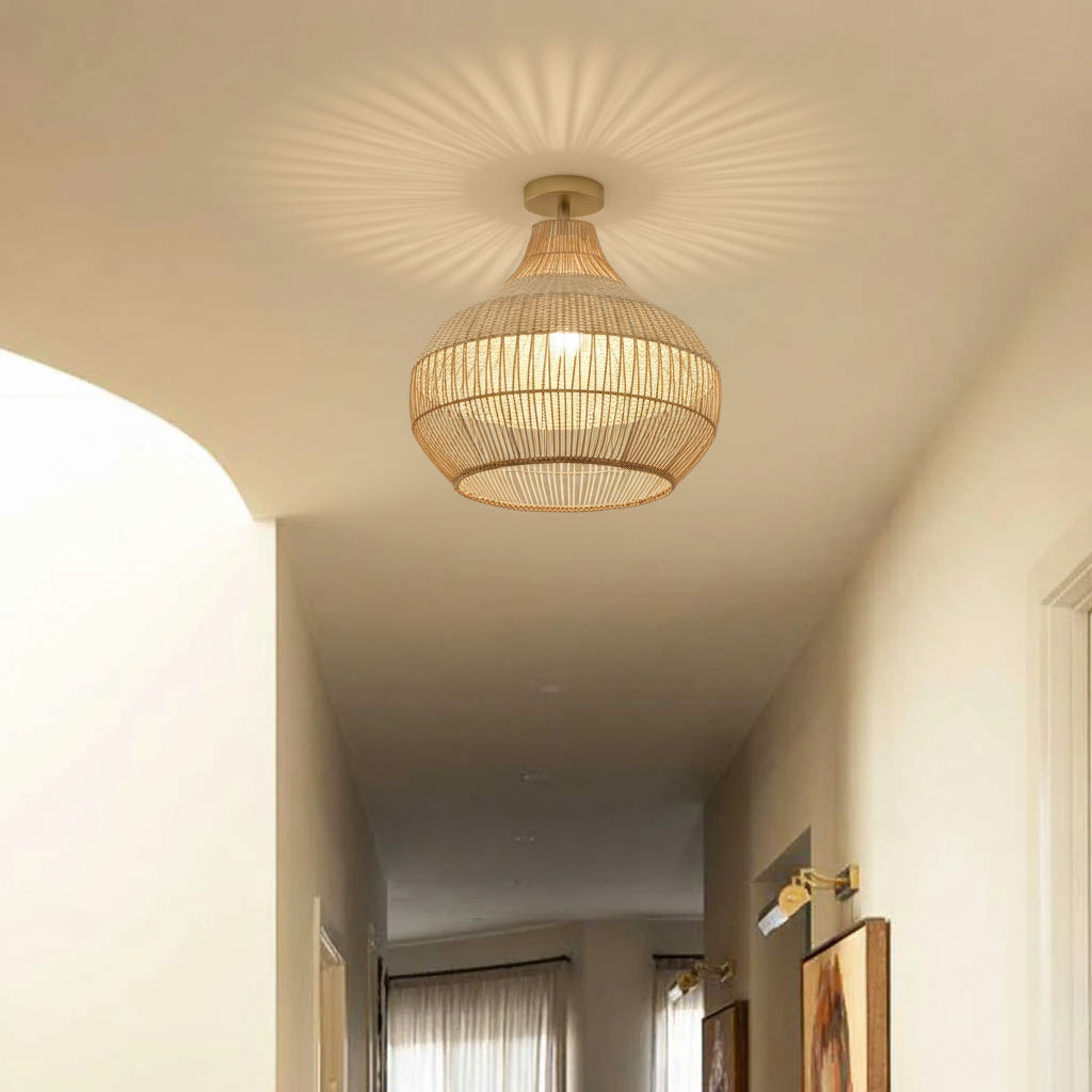 Beatrice 17-Inch Handwoven Rattan Flush Mount Ceiling Light