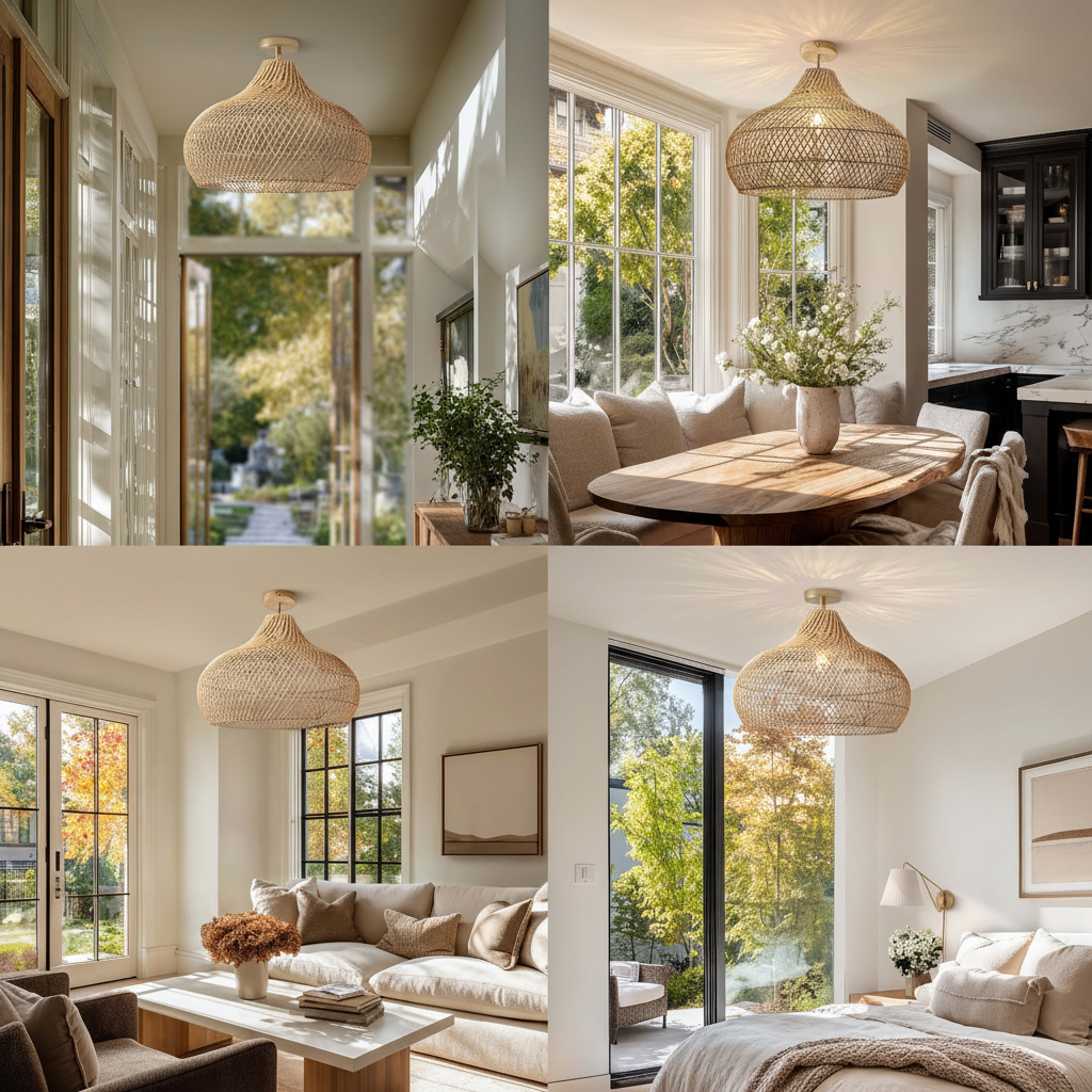 Kloe 18-Inch Elegant Handwoven Natural Rattan Flush Mount Light