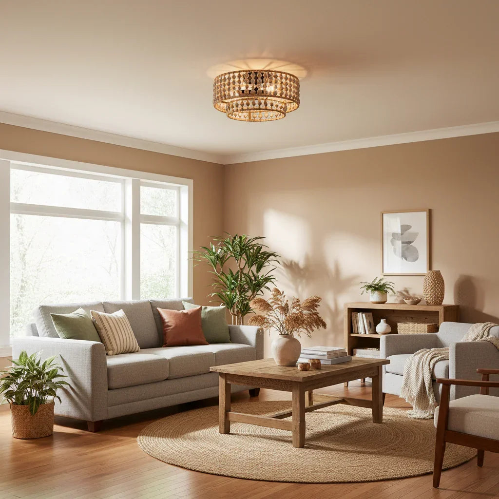 Farmhouse Wood Beaded 3-Light Flush Mount Ceiling Light - IPLUS Lighting