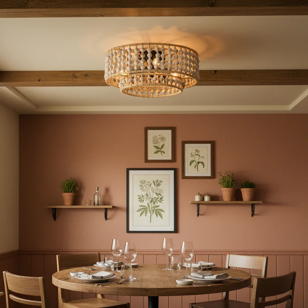 Farmhouse Wood Beaded 3-Light Flush Mount Ceiling Light - IPLUS Lighting