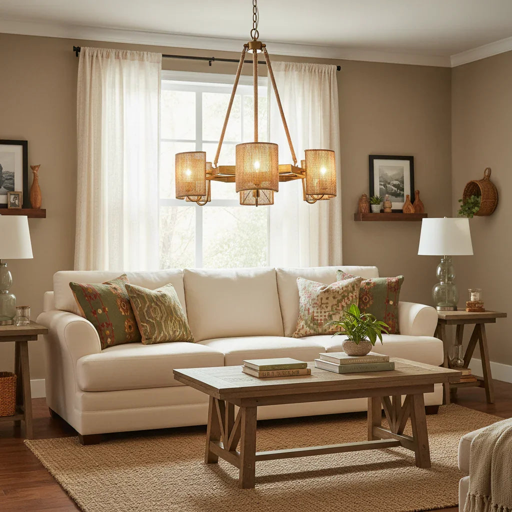 Semi-Circular 6 Light Farmhouse Rattan Chandelier - IPLUS Lighting