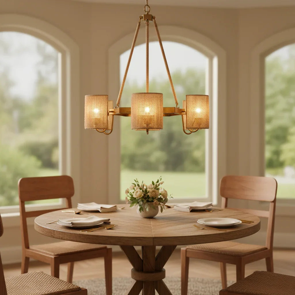 Semi-Circular 6 Light Farmhouse Rattan Chandelier - IPLUS Lighting