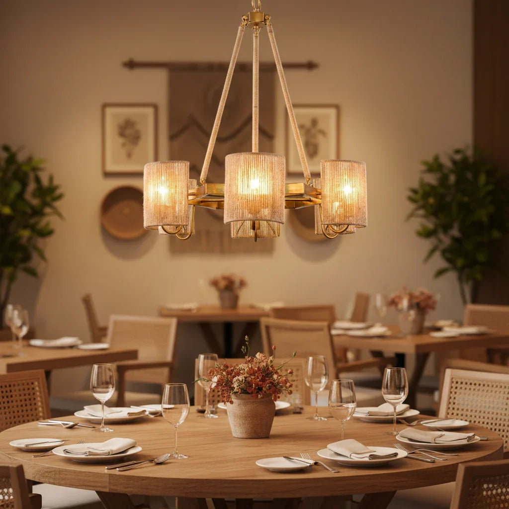 Semi-Circular 6 Light Farmhouse Rattan Chandelier - IPLUS Lighting