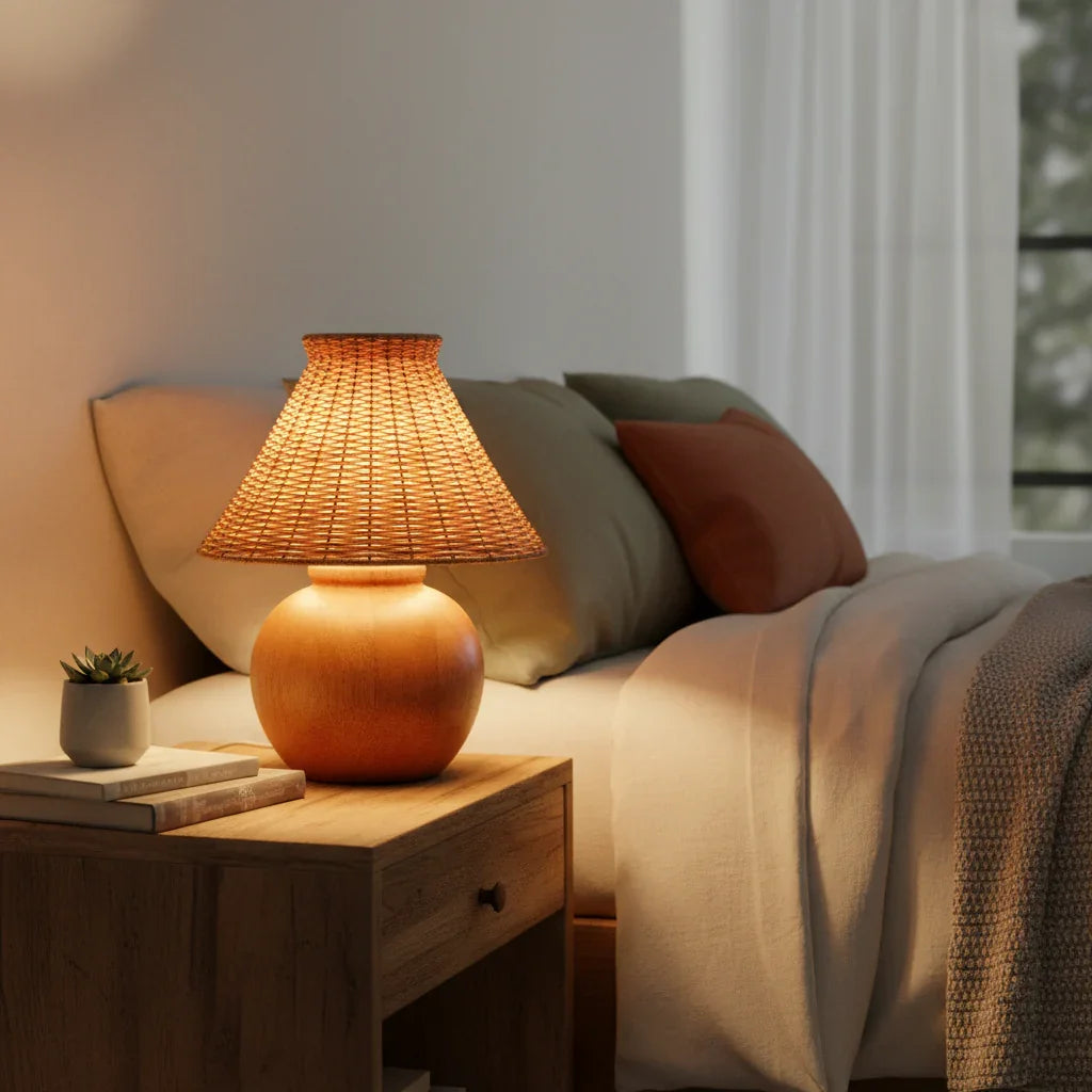 Boho Rattan Shade Wood Table Lamp - IPLUS Lighting