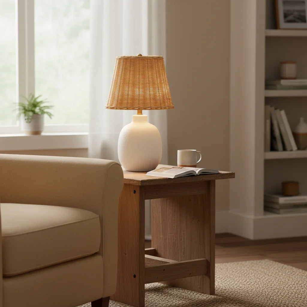 18.5 Inch Ceramic Table Lamp with Rattan Shade White - IPLUS Lighting