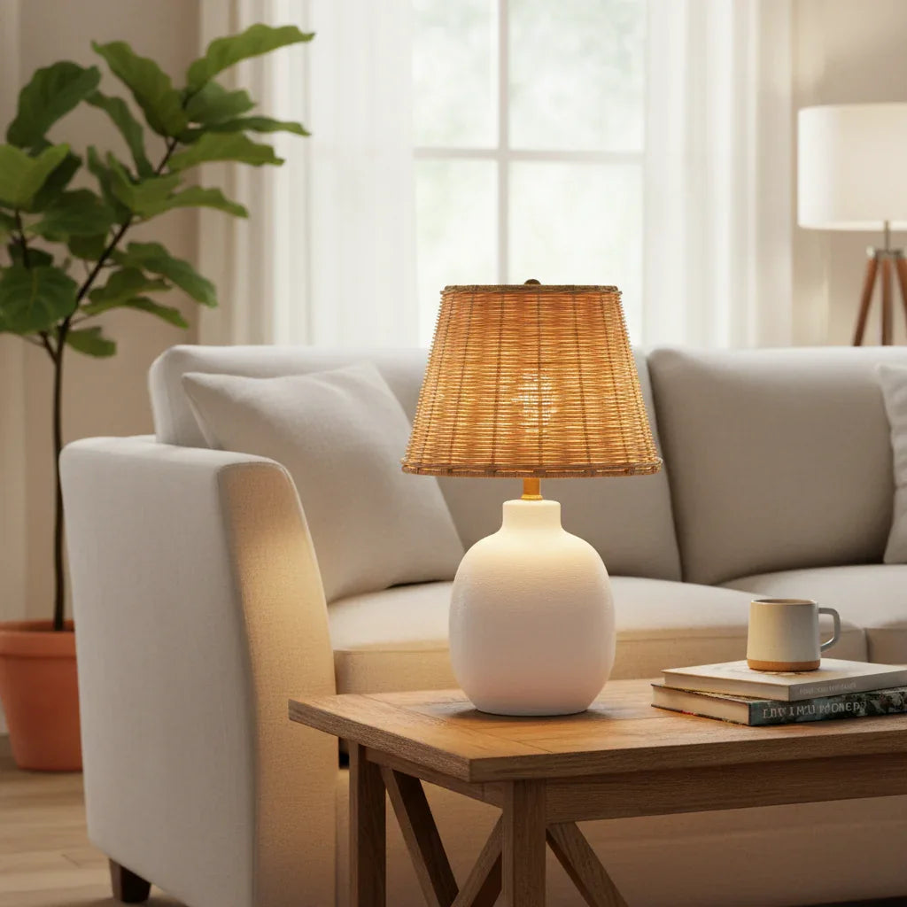 18.5 Inch Ceramic Table Lamp with Rattan Shade White - IPLUS Lighting