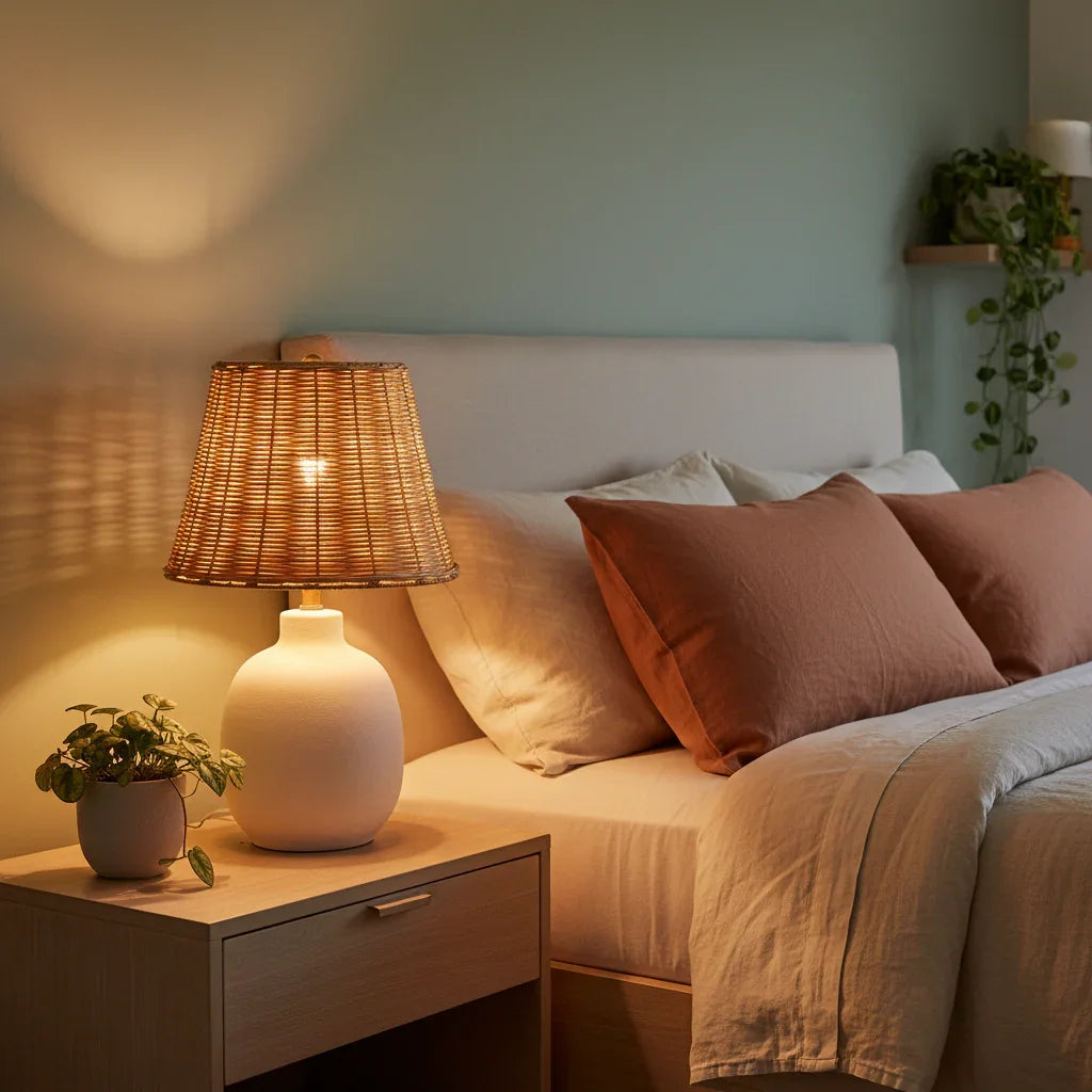 18.5 Inch Ceramic Table Lamp with Rattan Shade White - IPLUS Lighting