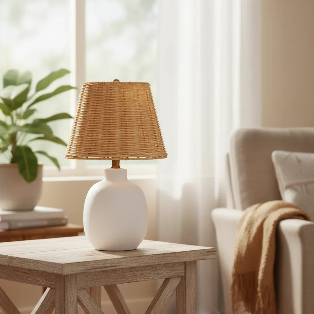 18.5 Inch Ceramic Table Lamp with Rattan Shade White - IPLUS Lighting