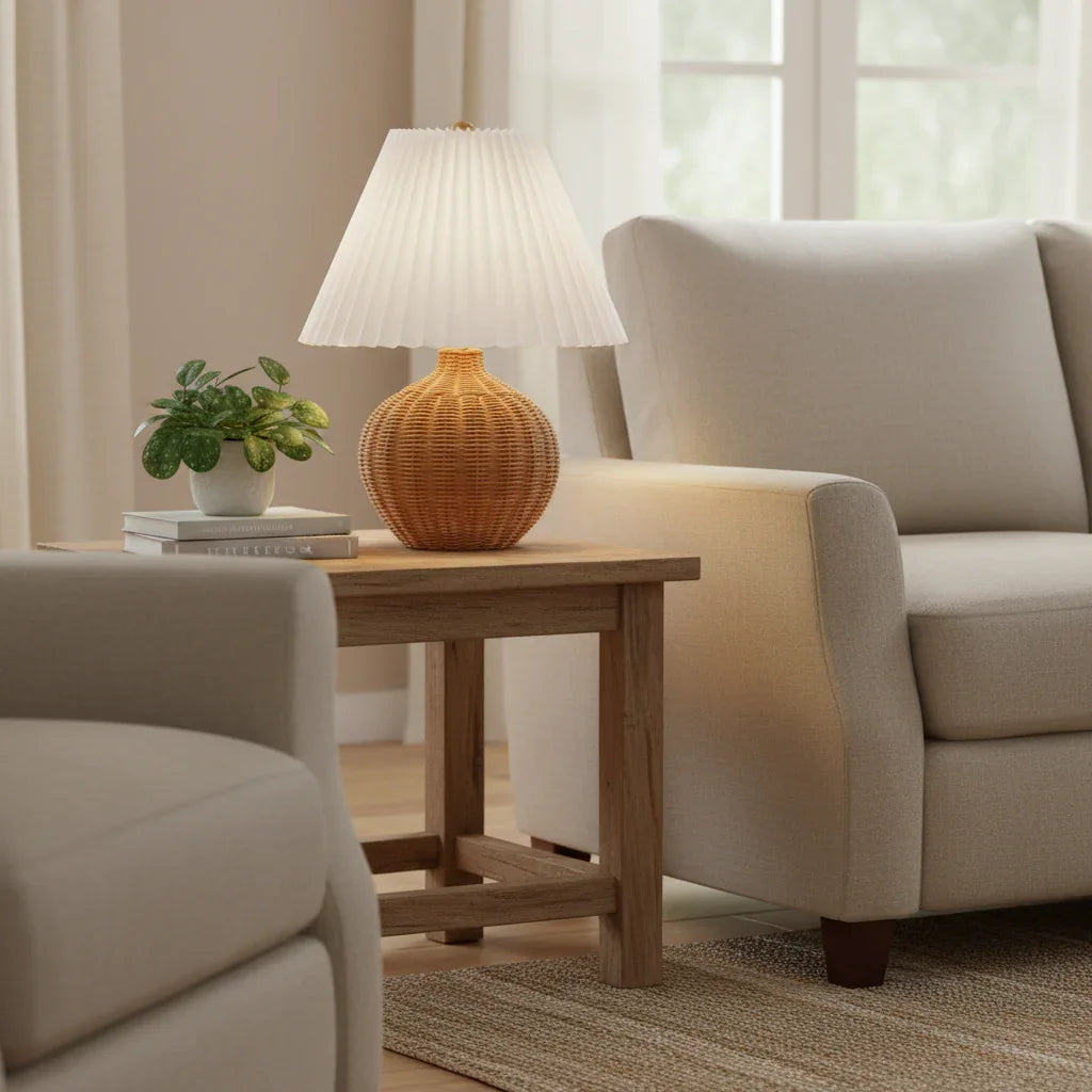 Farmhouse Brown Wicker Accent Table Lamp - IPLUS Lighting