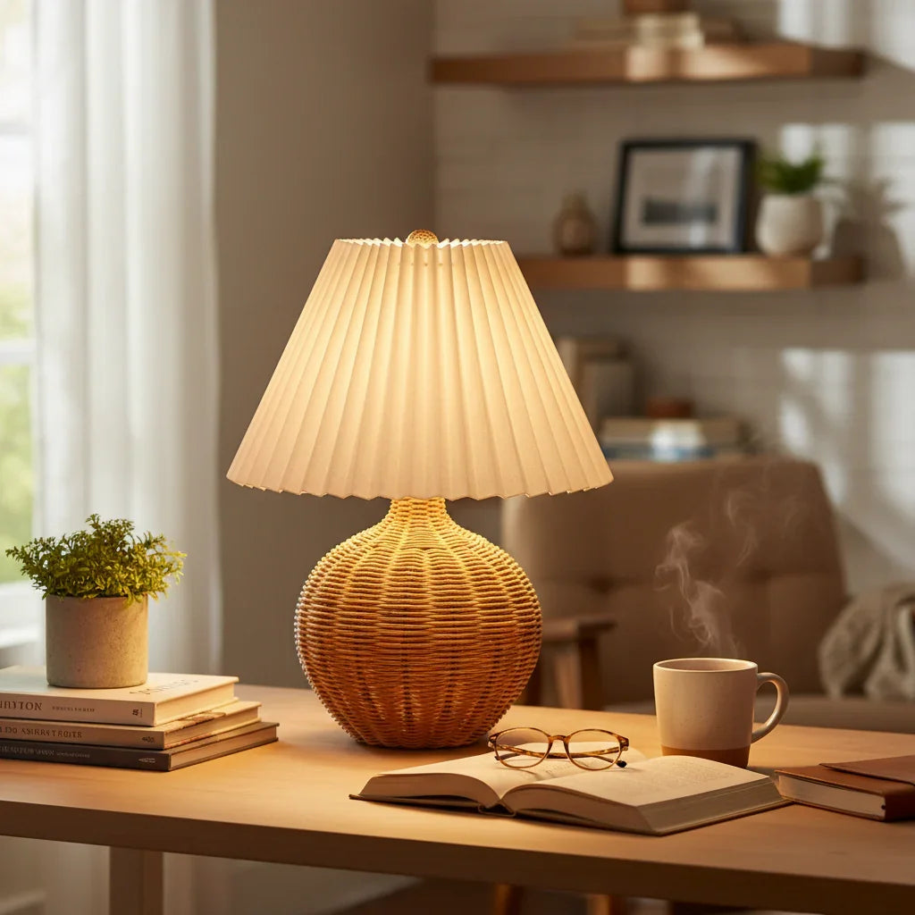 Farmhouse Brown Wicker Accent Table Lamp - IPLUS Lighting