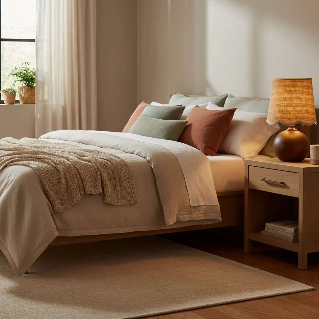 Rustic Wood Base with Linen Shade Table Lamp - IPLUS Lighting