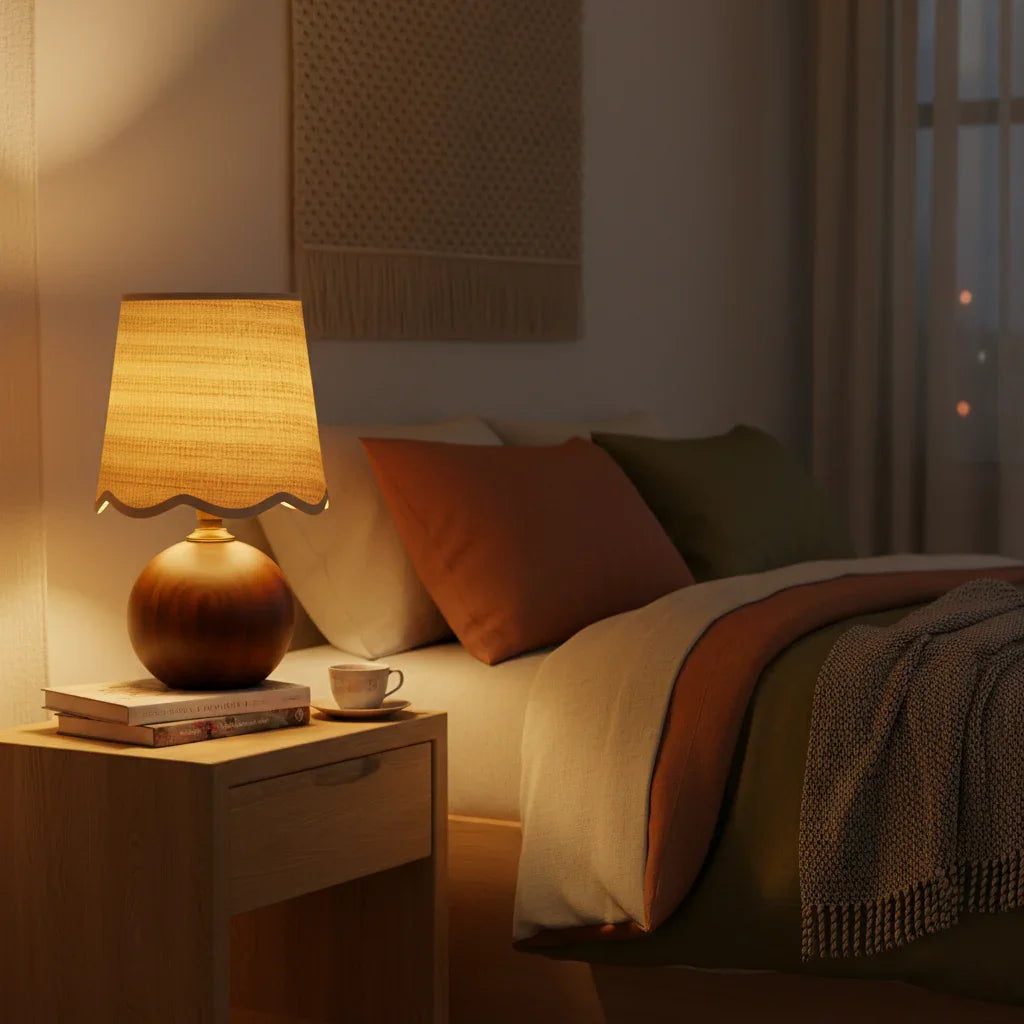 Rustic Wood Base with Linen Shade Table Lamp - IPLUS Lighting