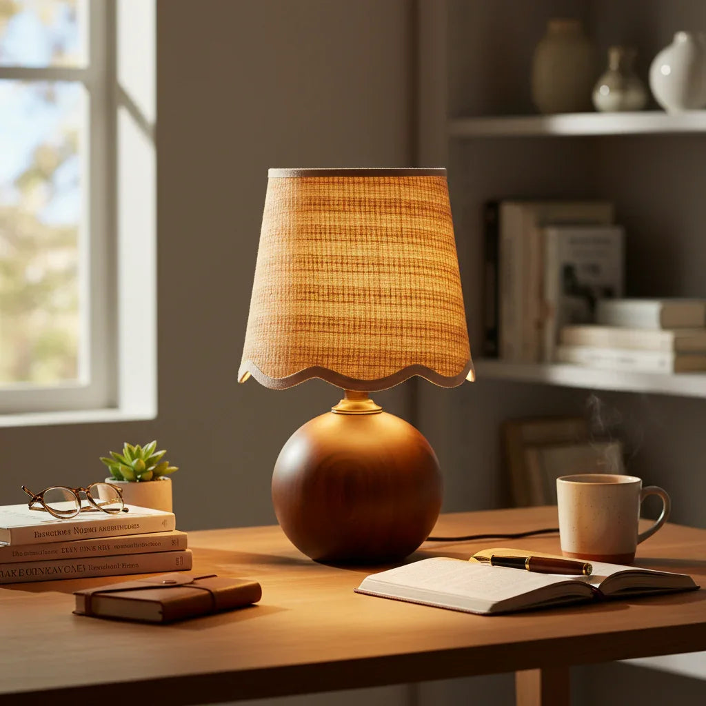 Rustic Wood Base with Linen Shade Table Lamp - IPLUS Lighting
